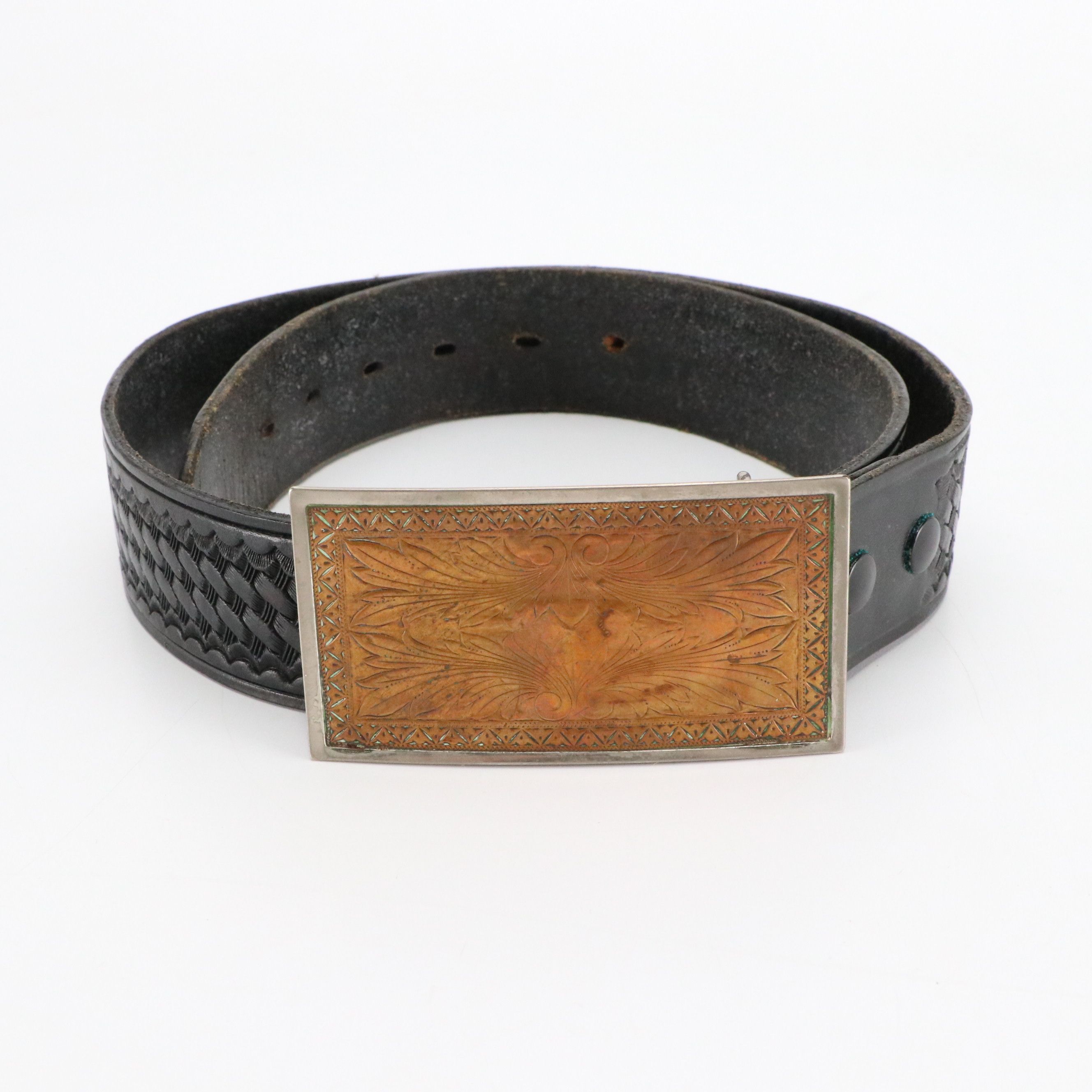 Trucker Motif Tooled Leather Belt with Commemorative Buckle, More Tooled Belts