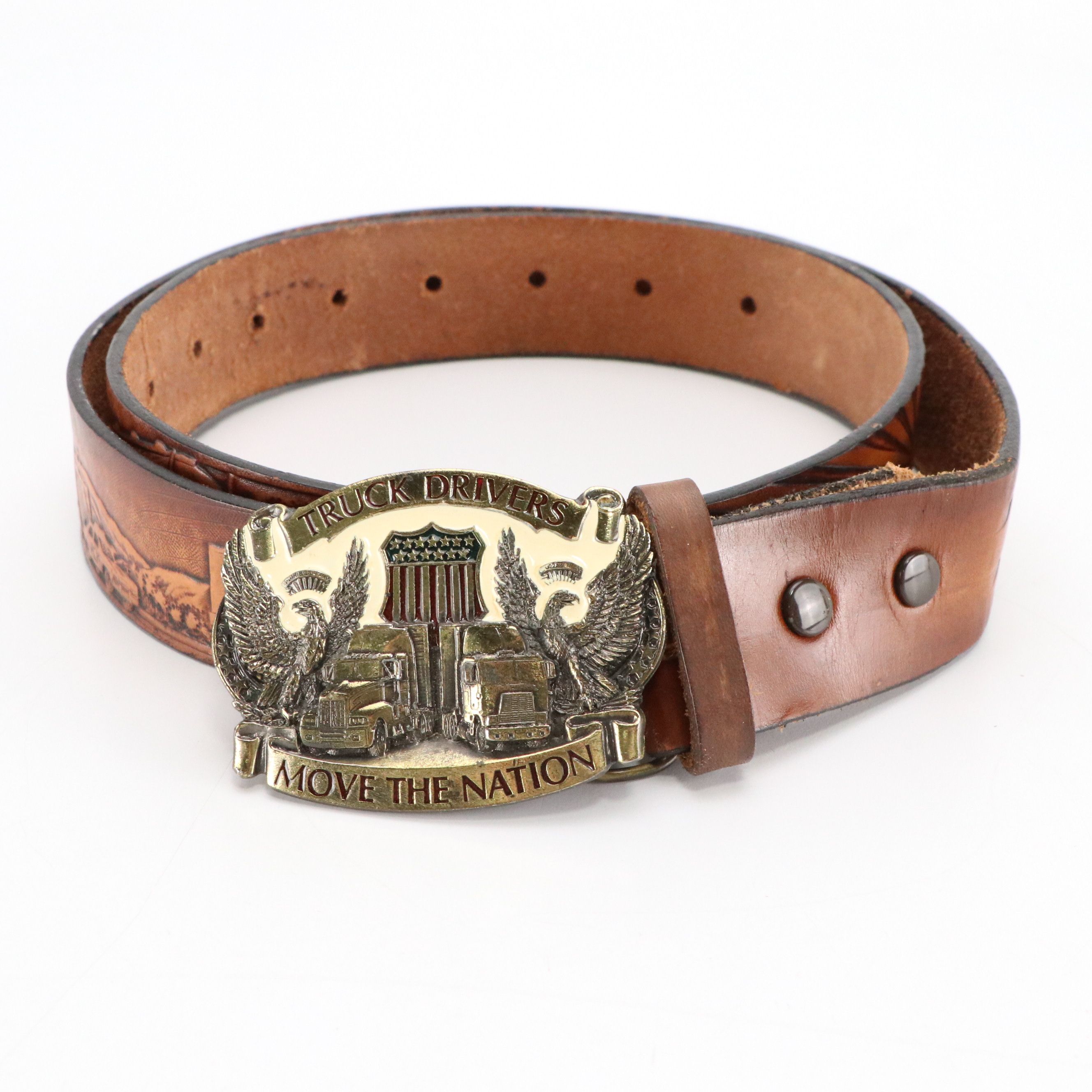 Trucker Motif Tooled Leather Belt with Commemorative Buckle, More Tooled Belts