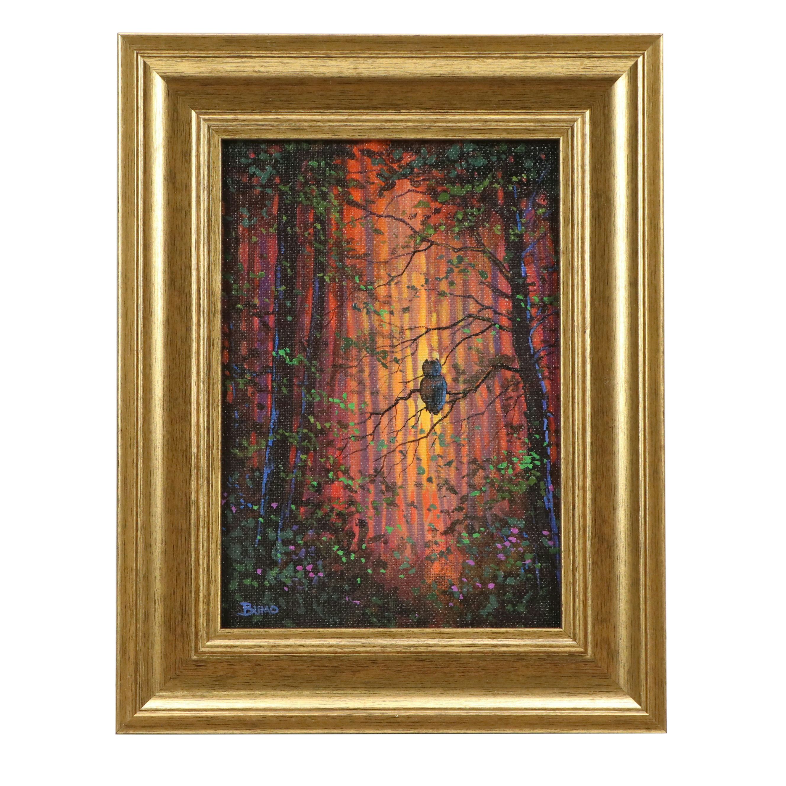 Douglas "Bumo" Johnpeer Acrylic Painting of Owl in Woodland Landscape