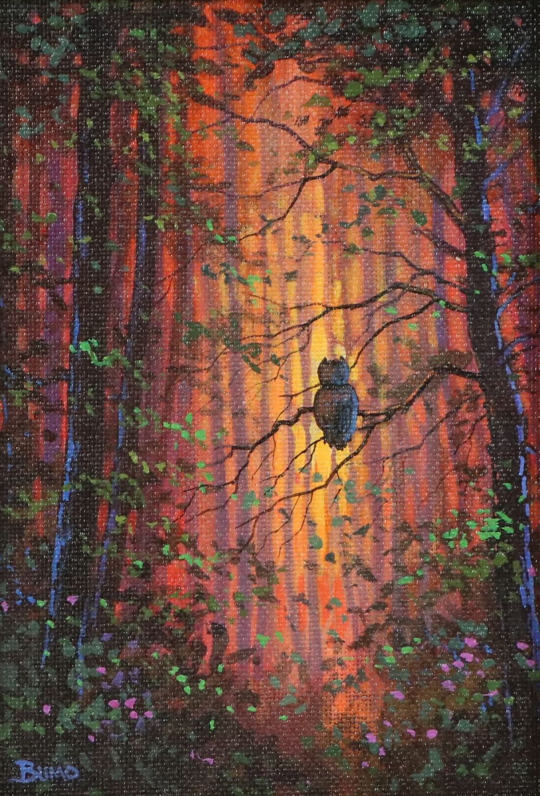 Douglas "Bumo" Johnpeer Acrylic Painting of Owl in Woodland Landscape