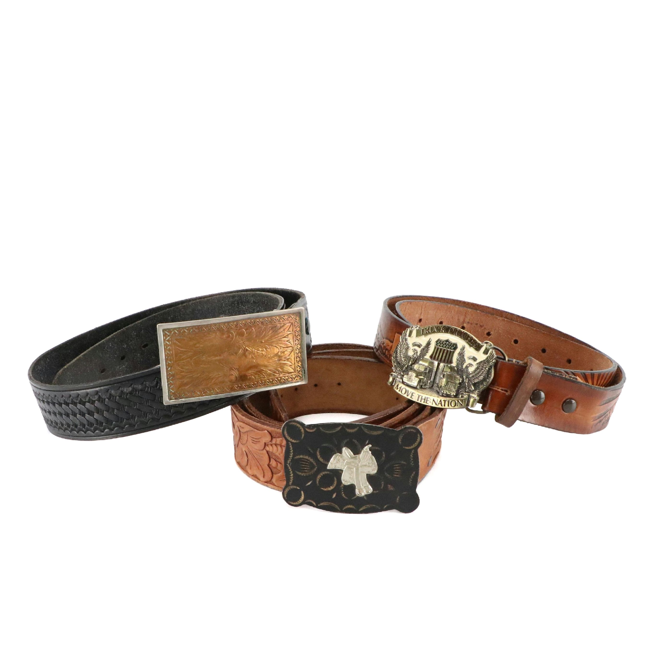 Trucker Motif Tooled Leather Belt with Commemorative Buckle, More Tooled Belts