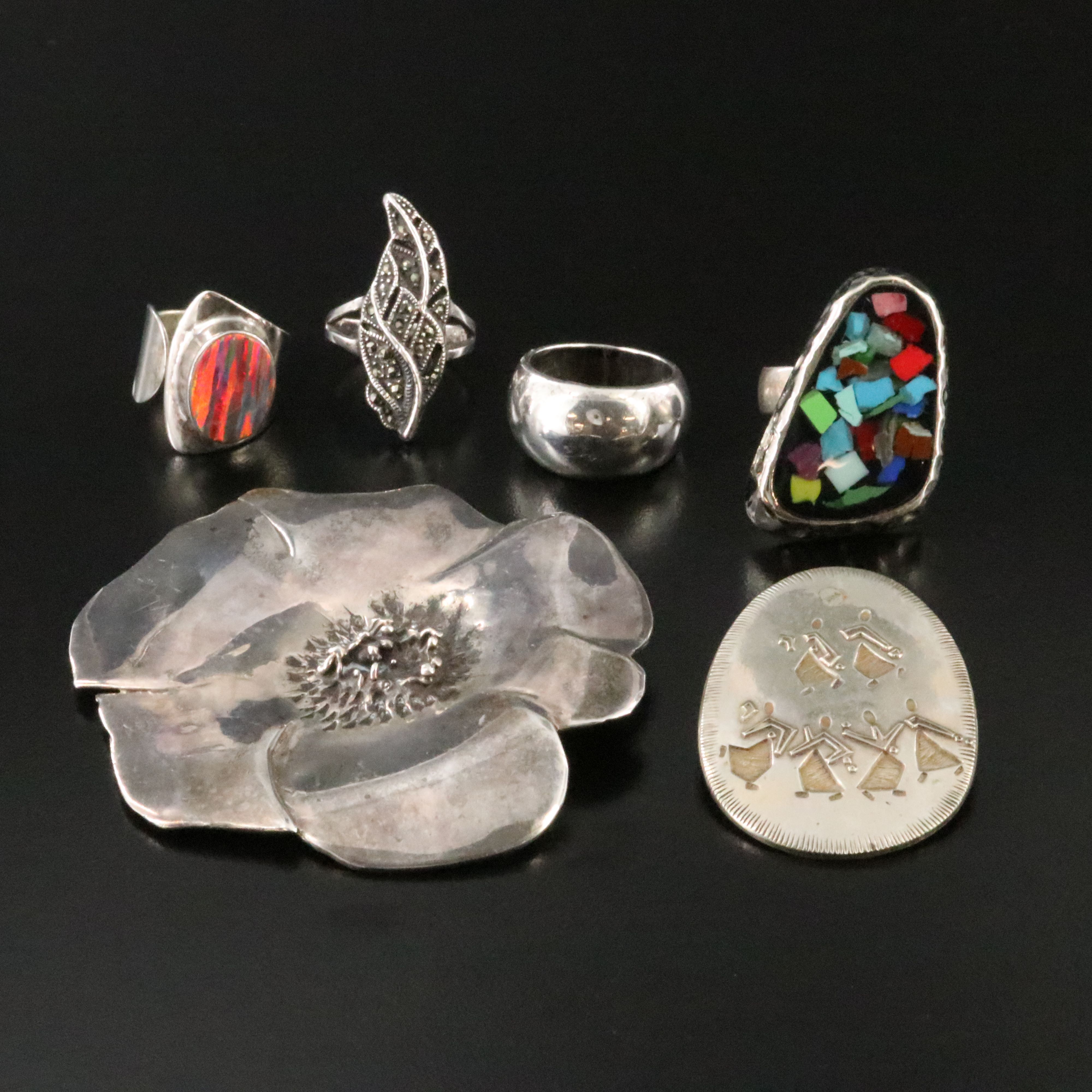 Sterling Opal, Marcasite, and Glass Ring and Converter Brooch Collection