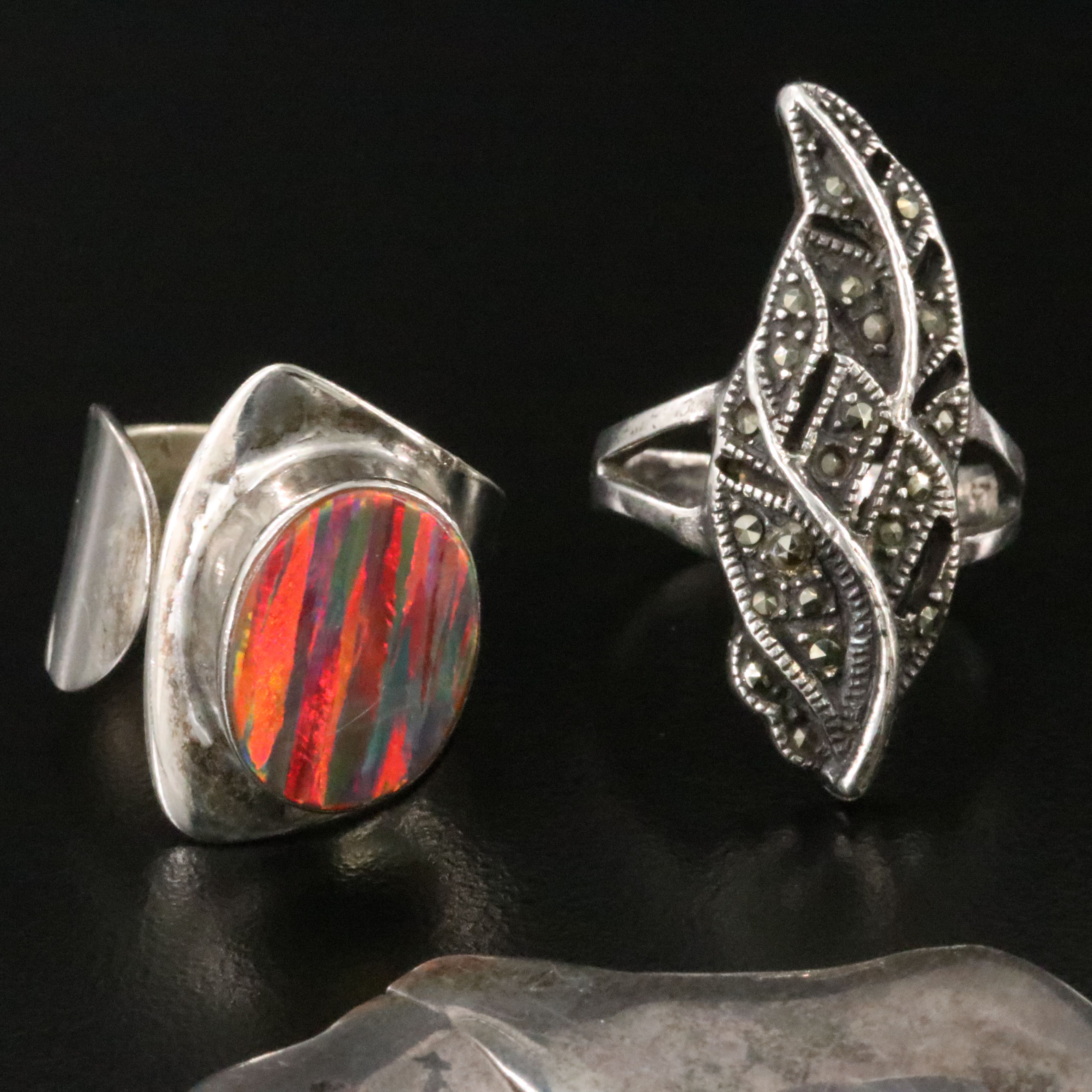 Sterling Opal, Marcasite, and Glass Ring and Converter Brooch Collection