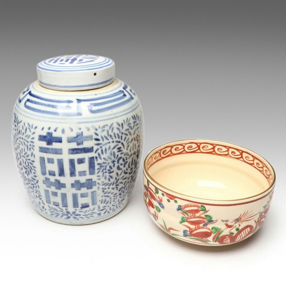 Chinese Blue and White Ceramic Ginger Jar with Other Enameled Polychrome Bowl