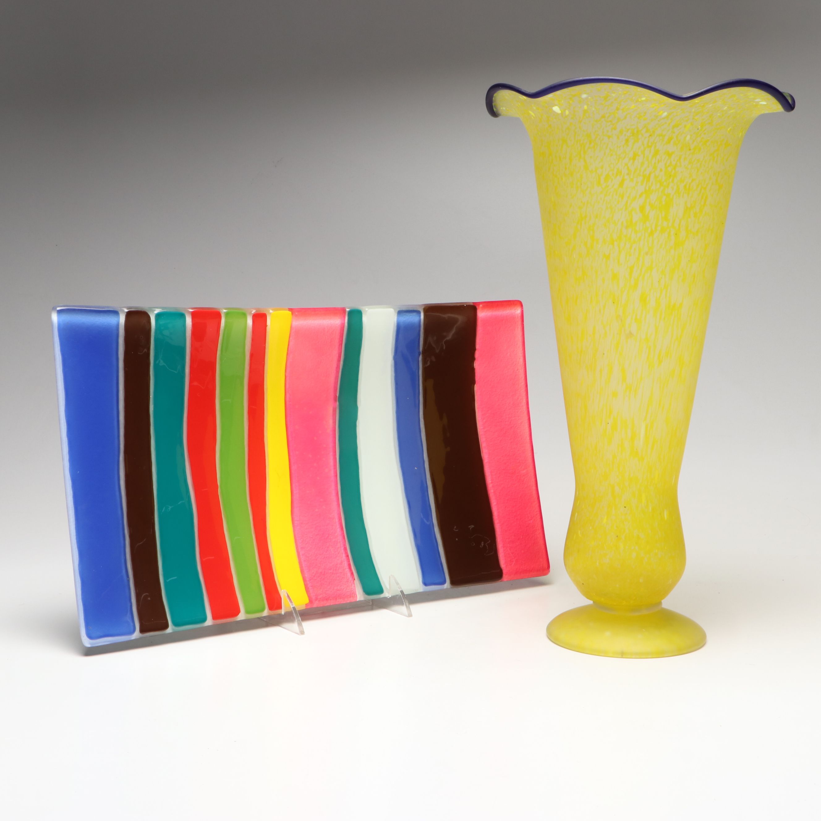 Multicolor Striped Glass Tray with Ruffle Edge Art Glass Vase