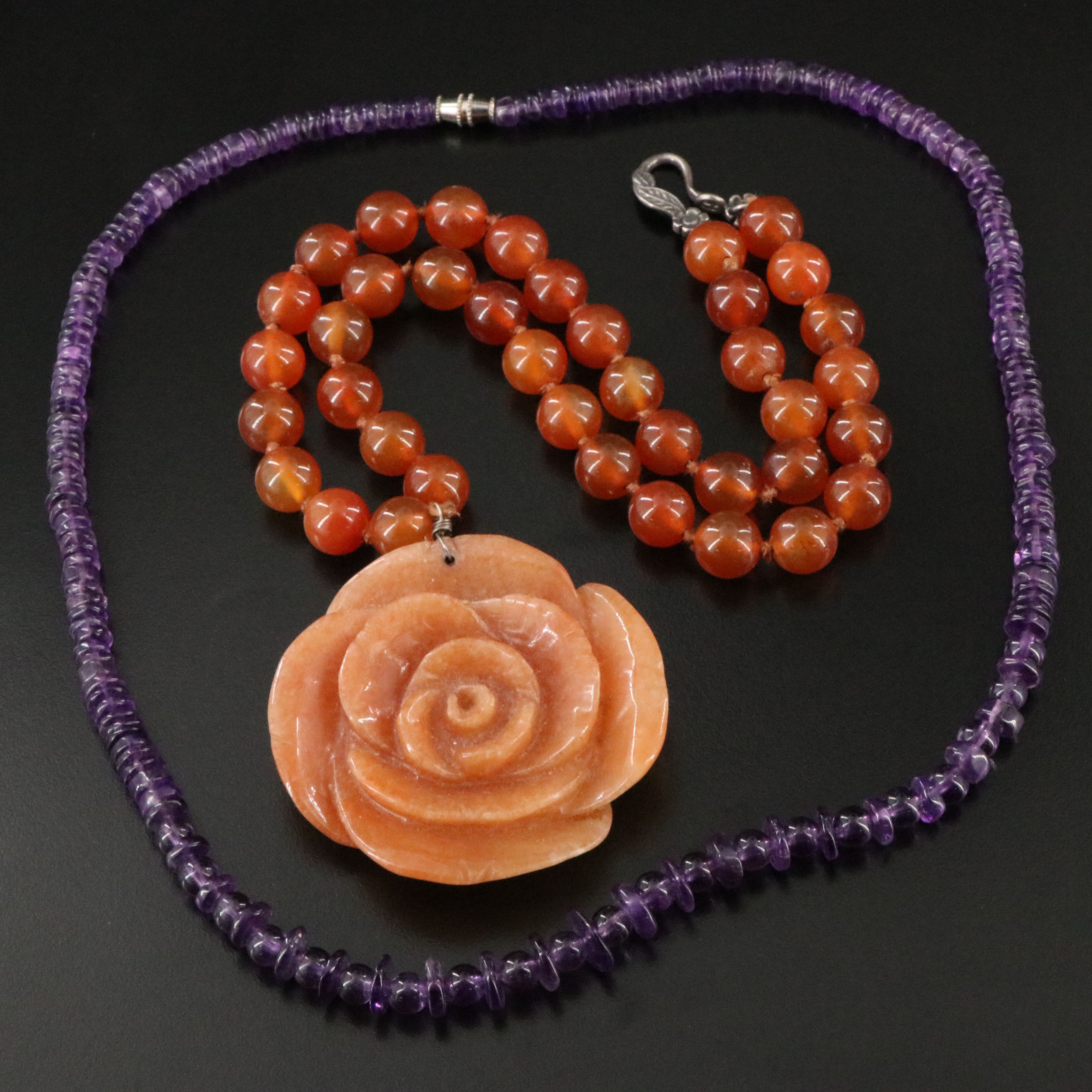 Amethyst, Agate, and Quartzite Necklaces Featuring Sterling