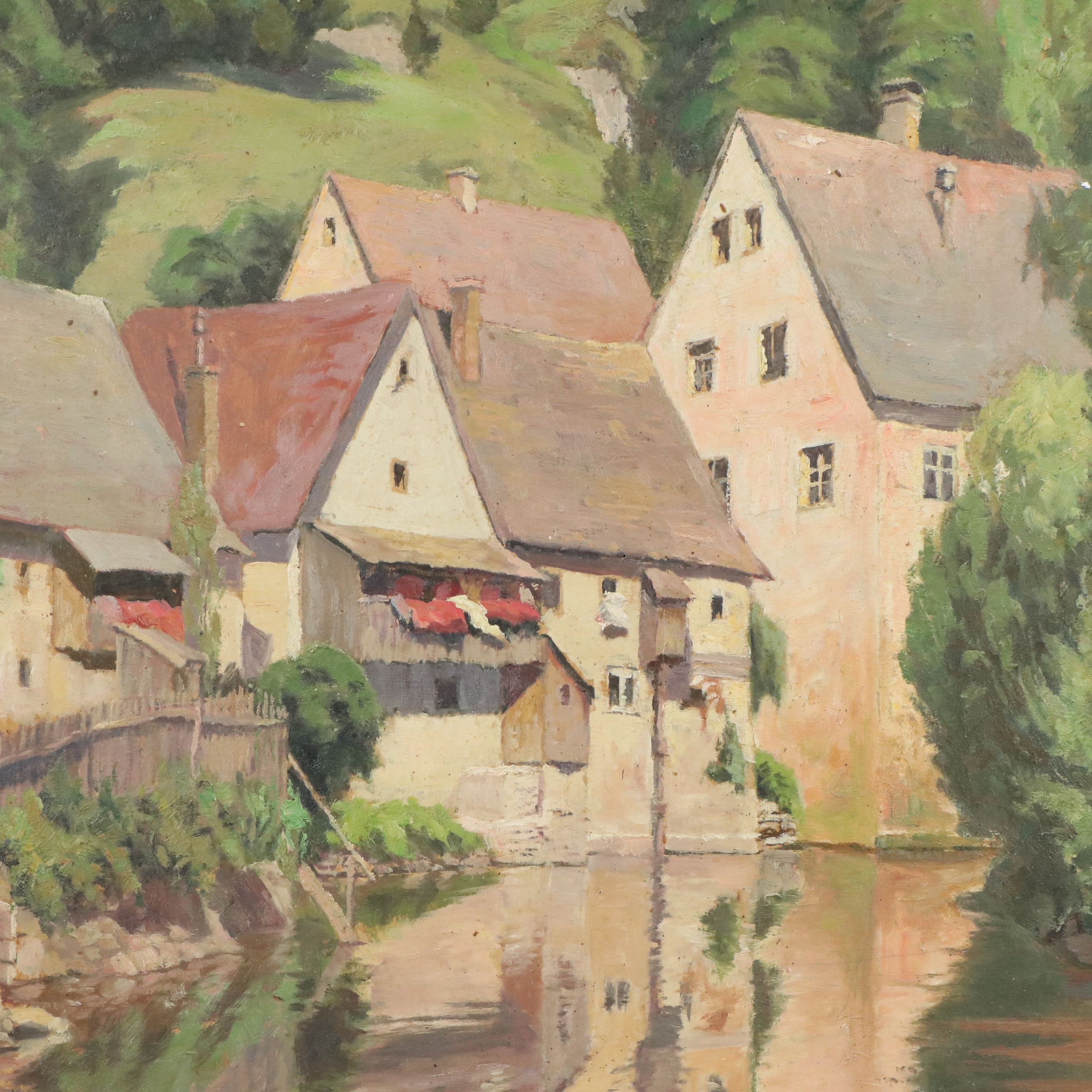 German School Oil Painting "Alte Häuser ain Stadtmühlbach," Circa 1948