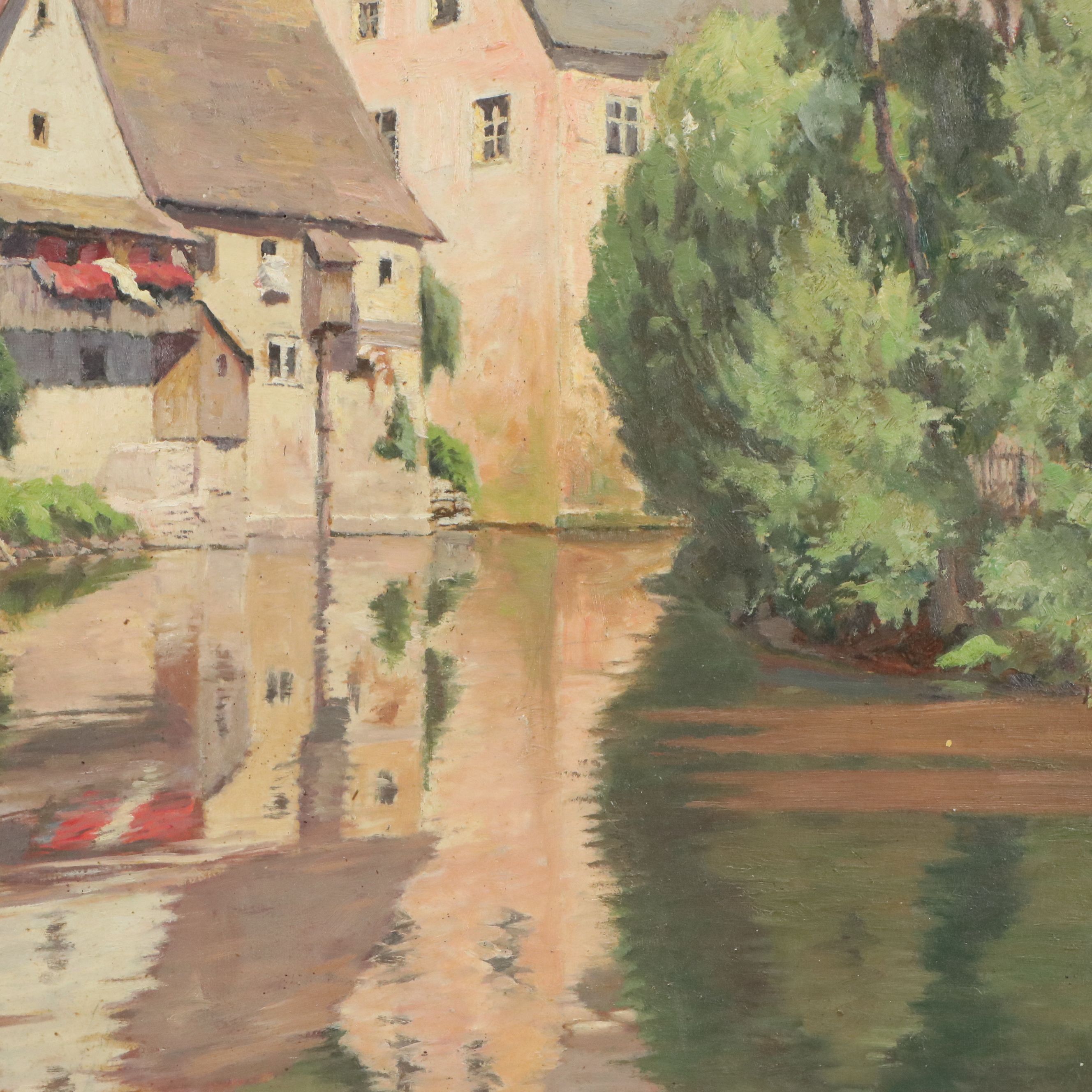 German School Oil Painting "Alte Häuser ain Stadtmühlbach," Circa 1948