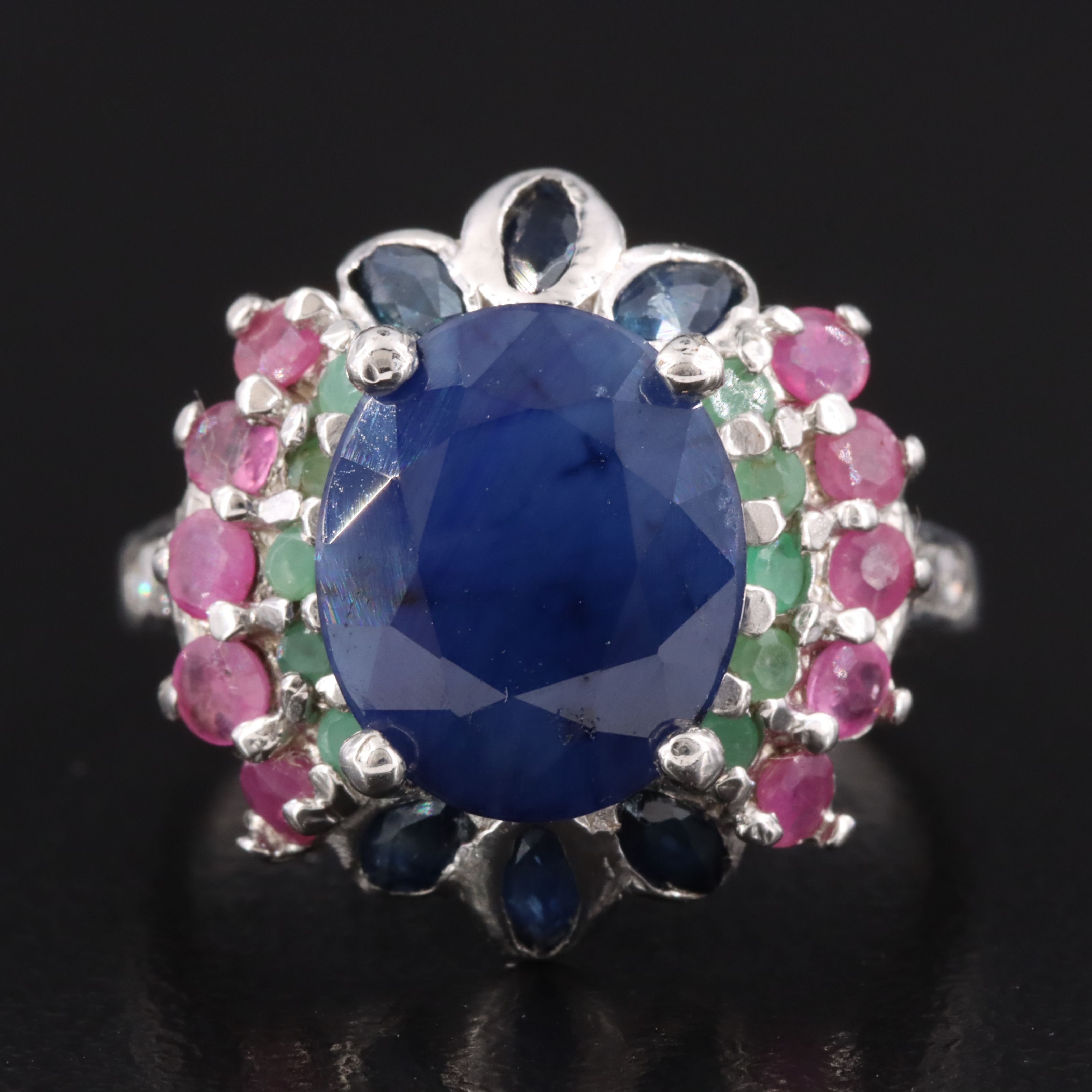 Sterling Sapphire, Emerald and Ruby Ring