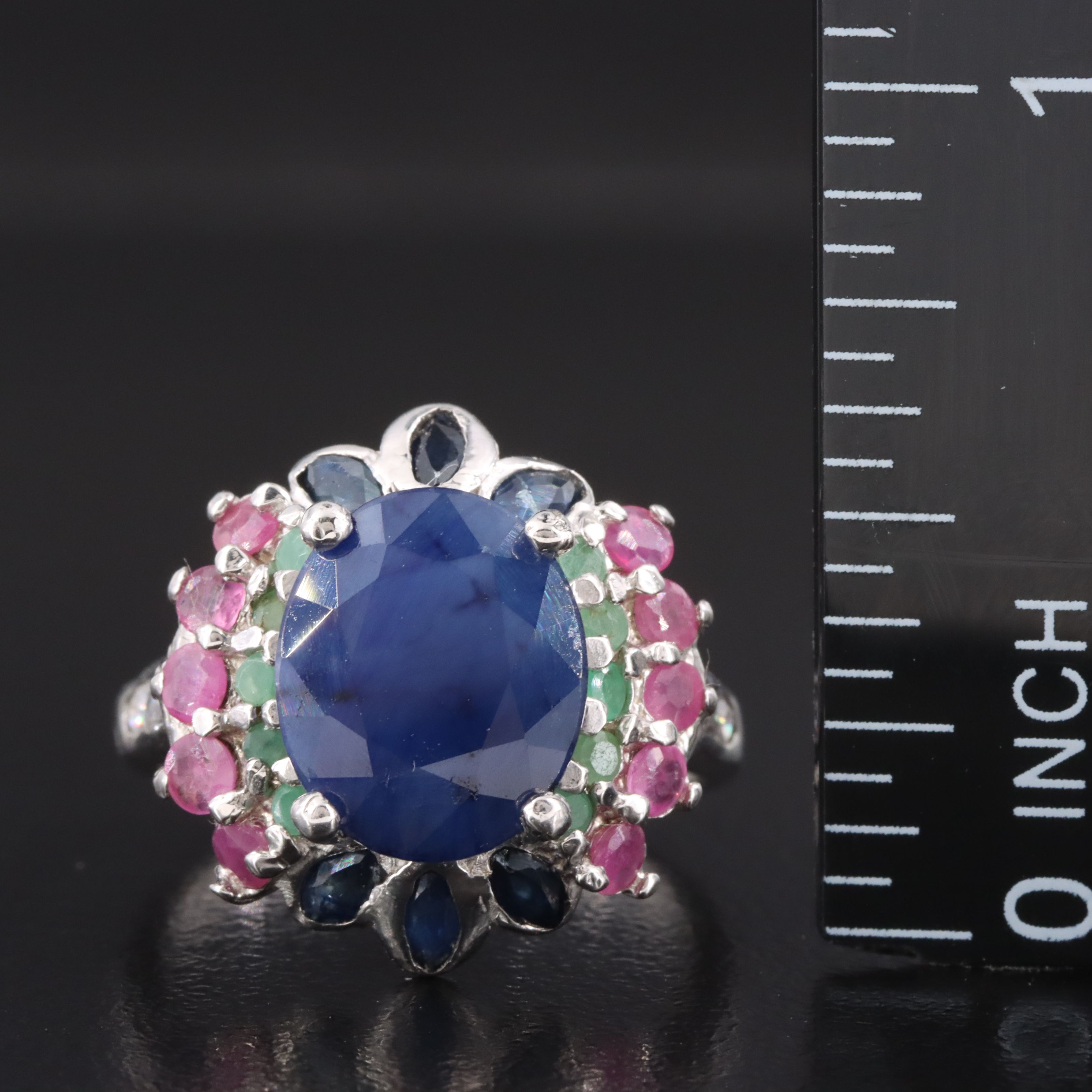 Sterling Sapphire, Emerald and Ruby Ring