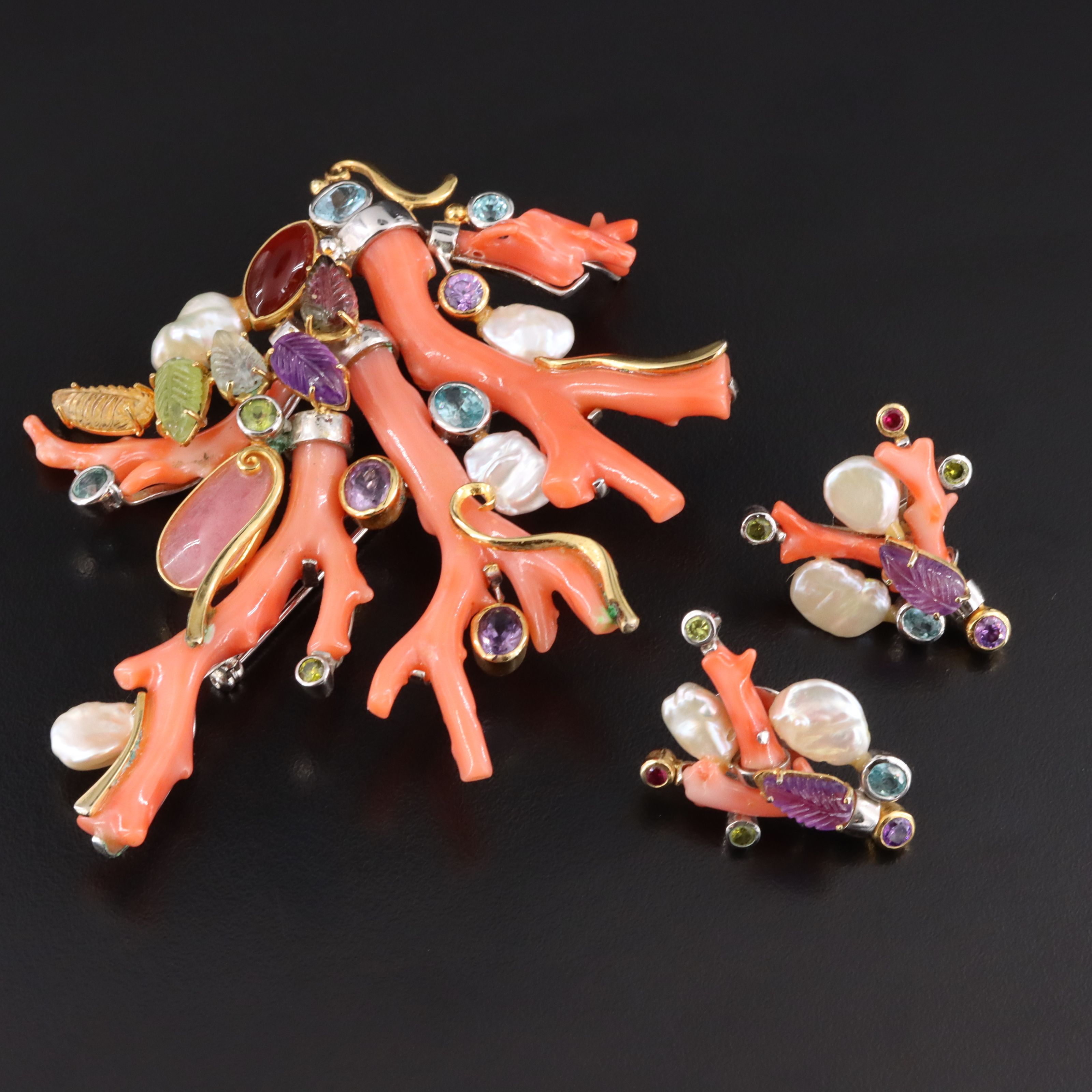 Coral and Gemstone Spray Brooch and Earrings