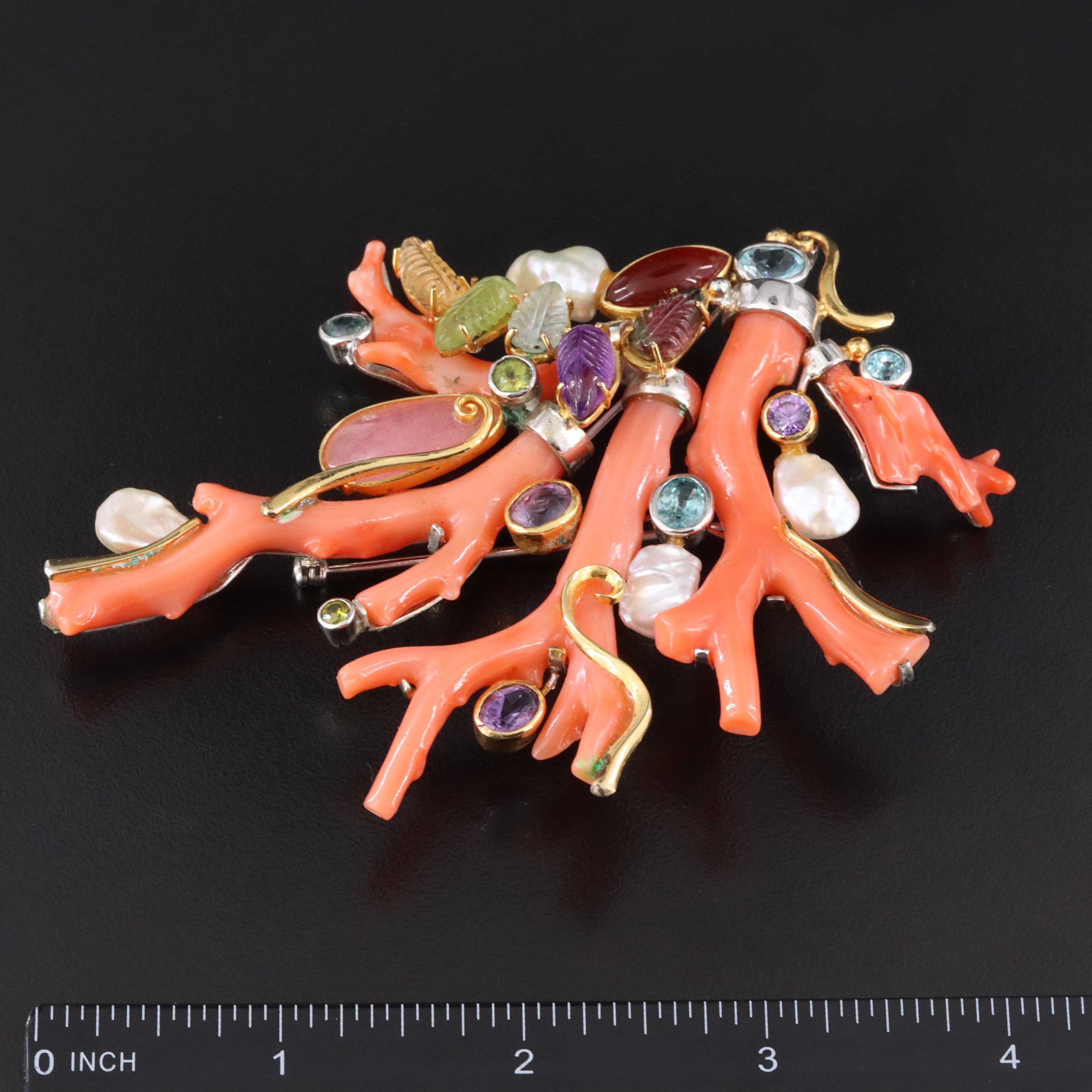 Coral and Gemstone Spray Brooch and Earrings