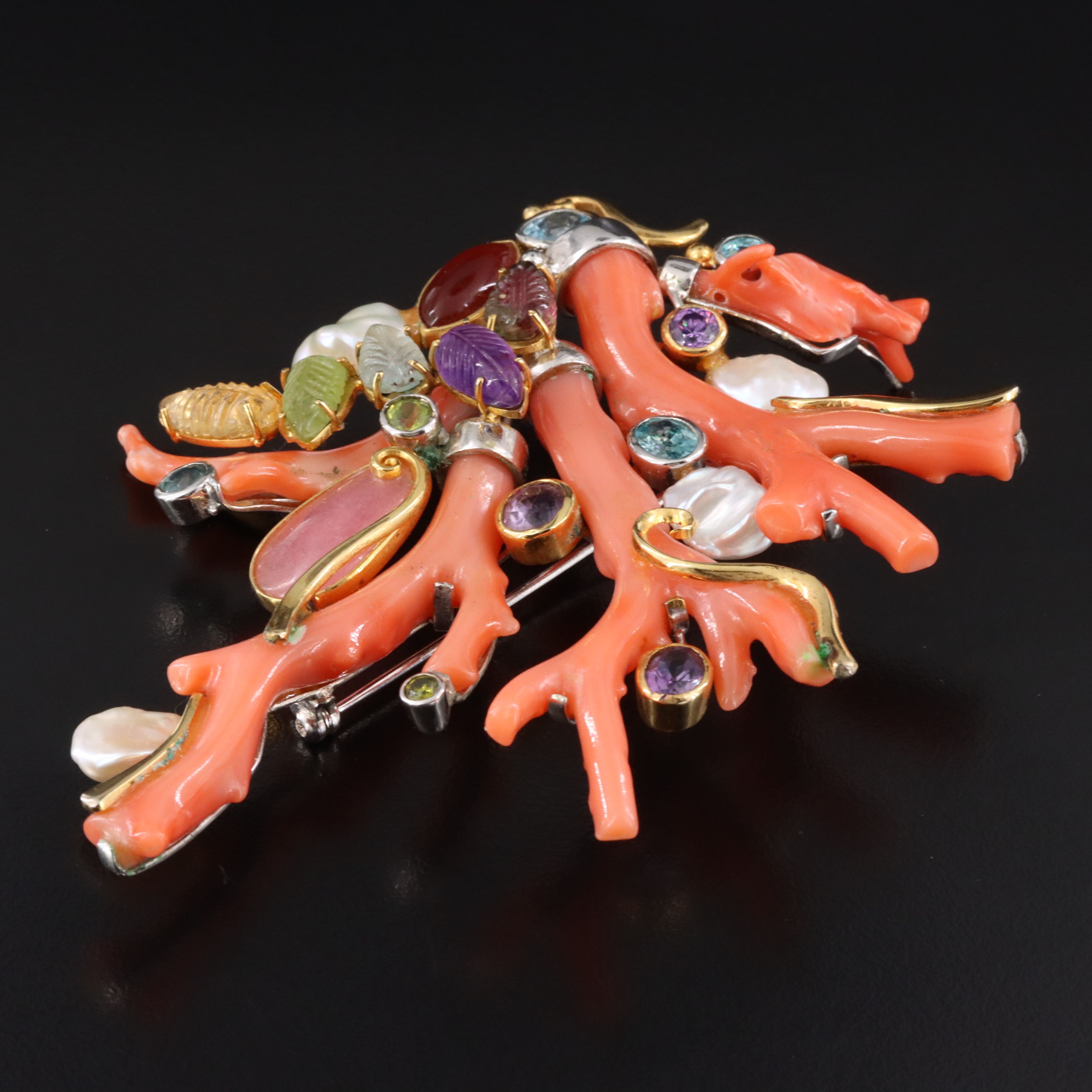 Coral and Gemstone Spray Brooch and Earrings