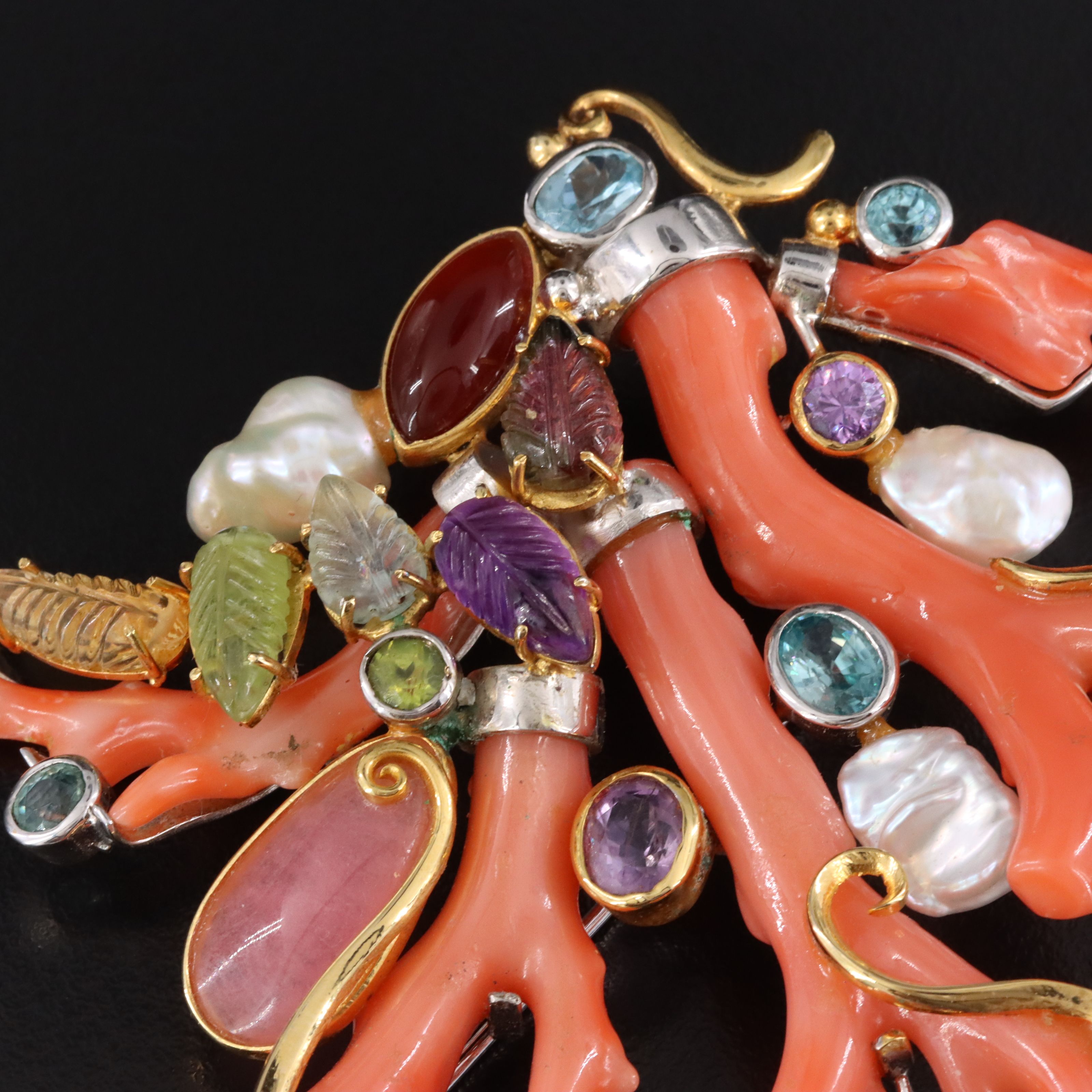 Coral and Gemstone Spray Brooch and Earrings