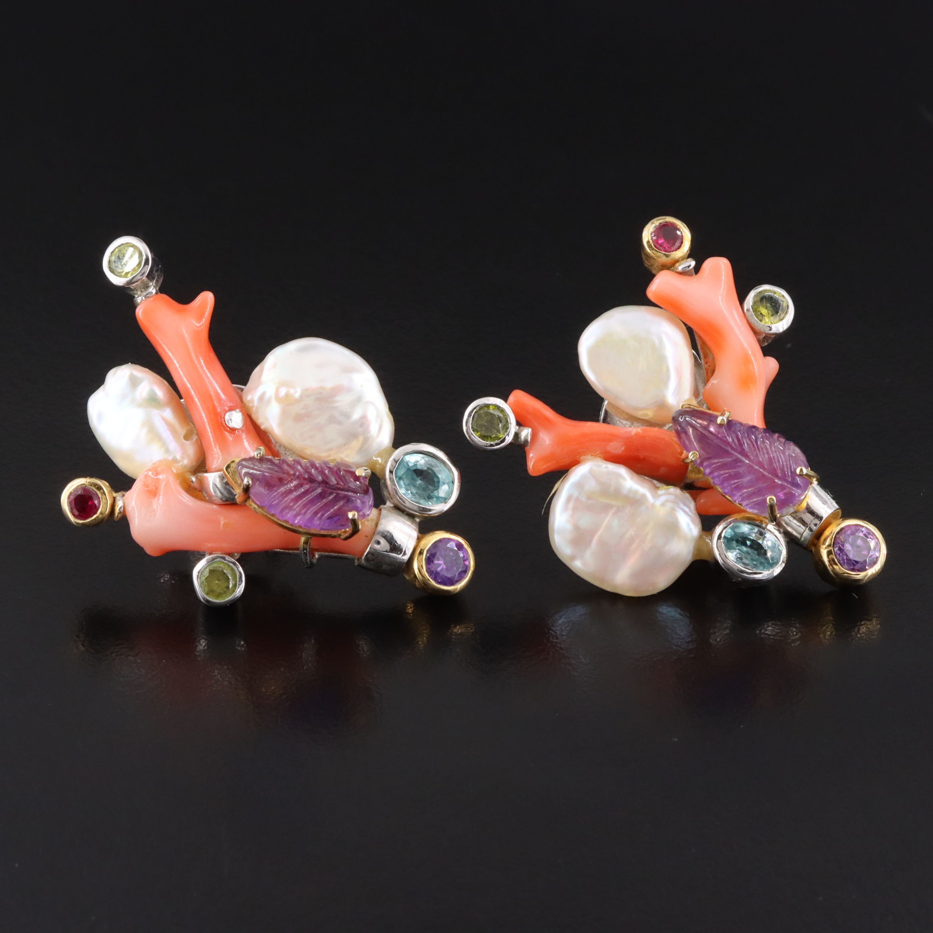 Coral and Gemstone Spray Brooch and Earrings
