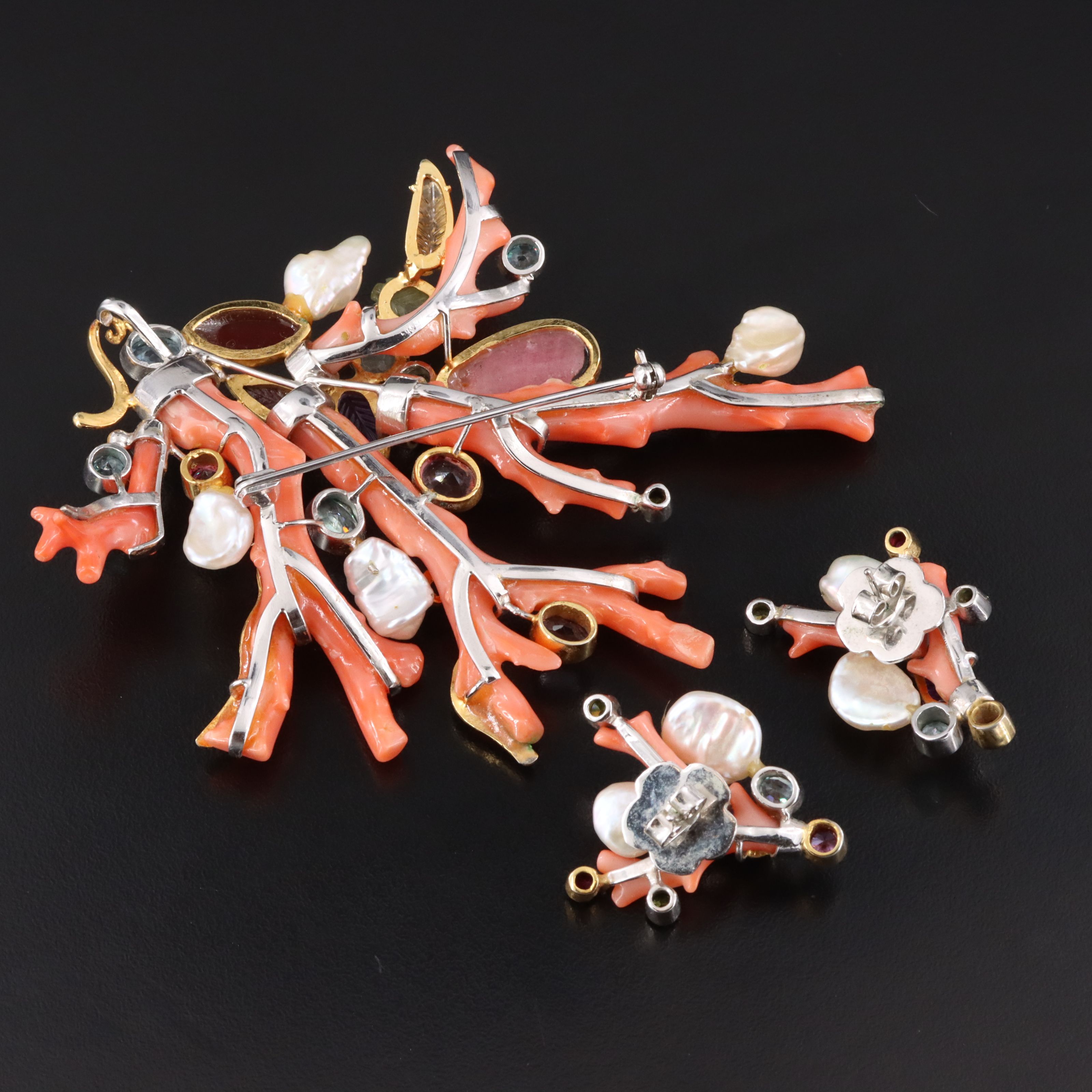 Coral and Gemstone Spray Brooch and Earrings