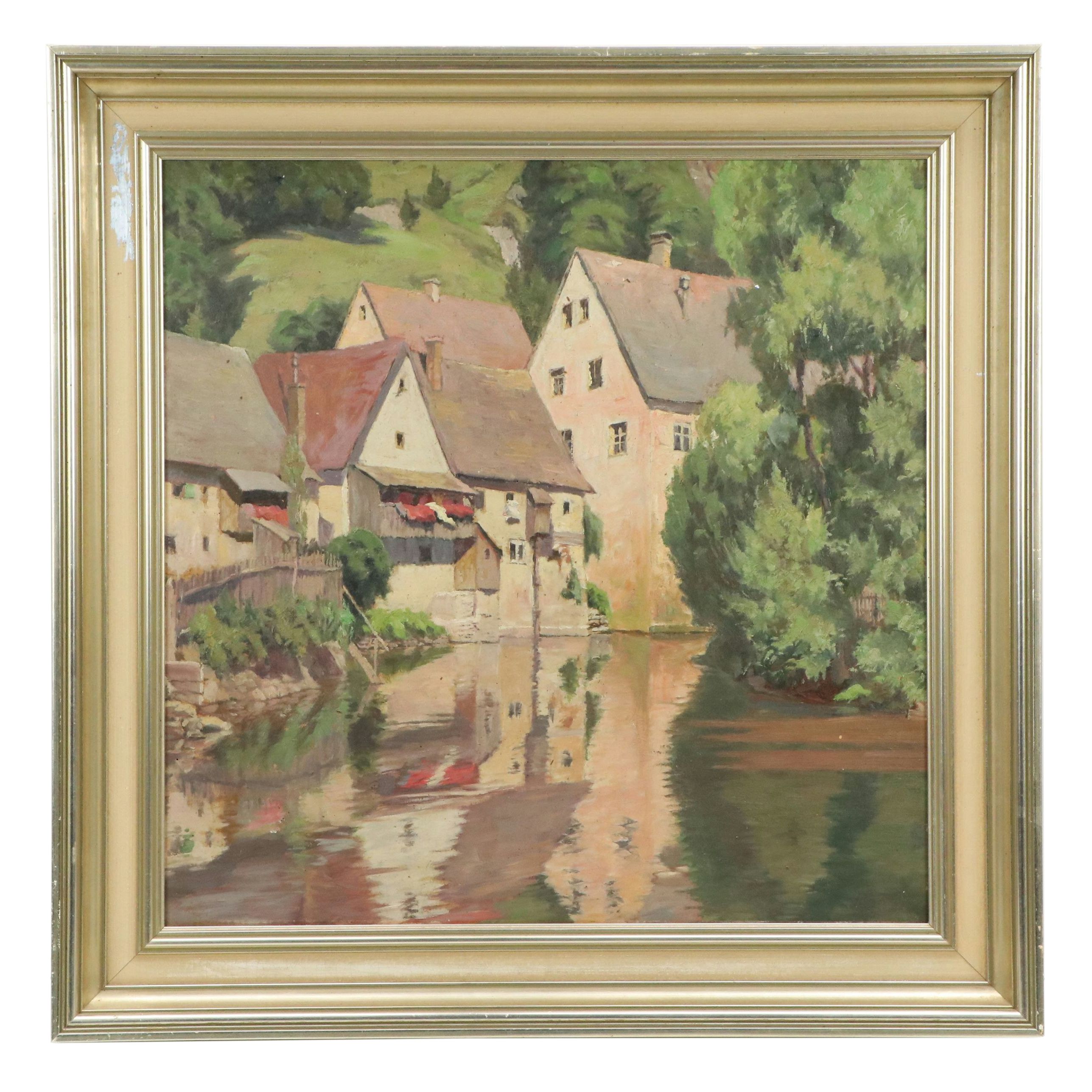 German School Oil Painting "Alte Häuser ain Stadtmühlbach," Circa 1948