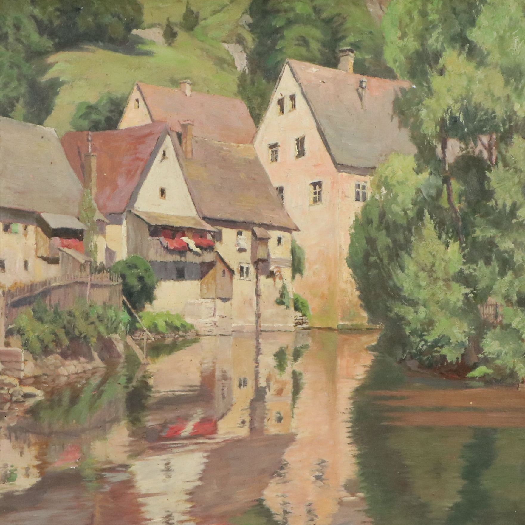 German School Oil Painting "Alte Häuser ain Stadtmühlbach," Circa 1948