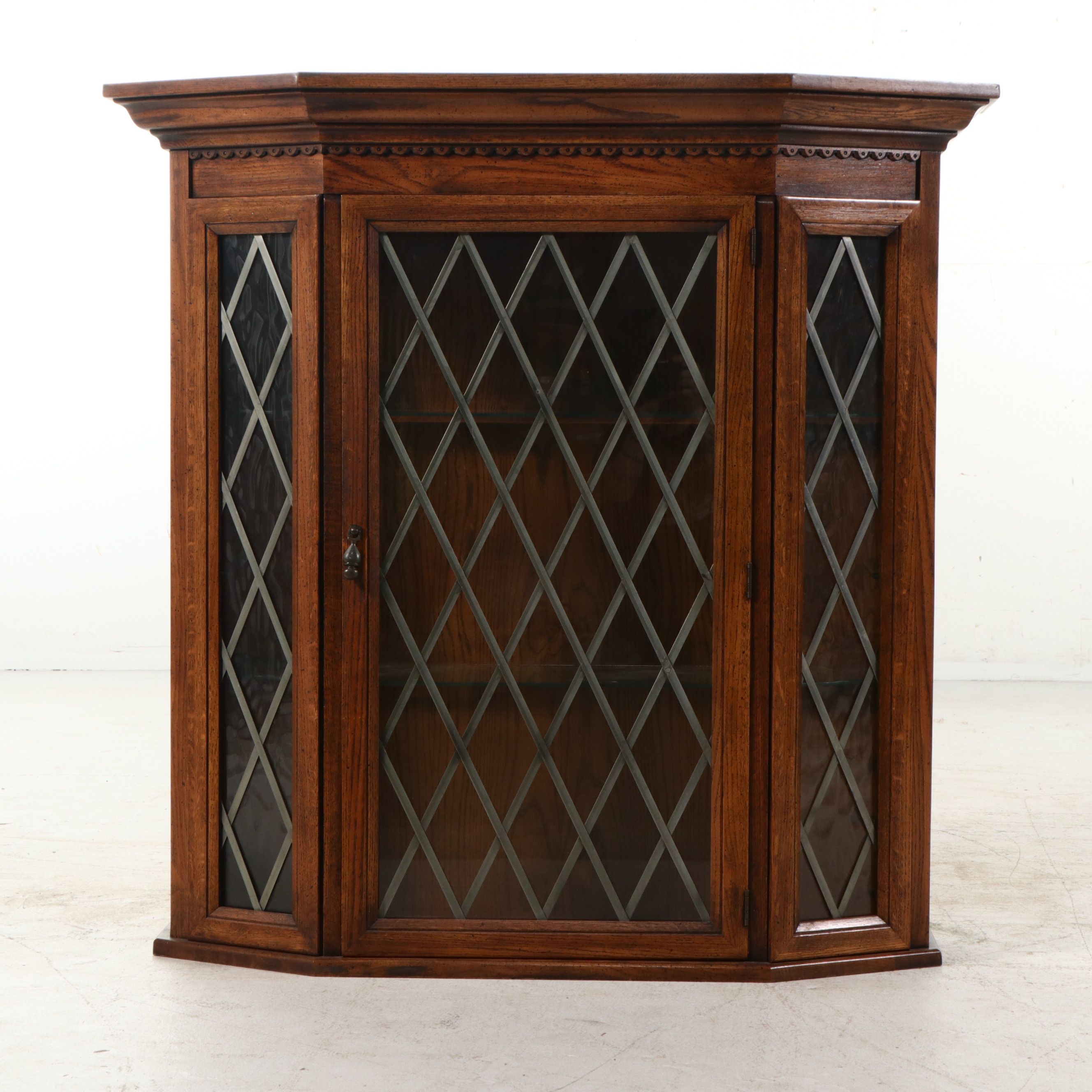 Tudor Revival Style Oak China Cabinet with Leaded Glass, Late 20th Century