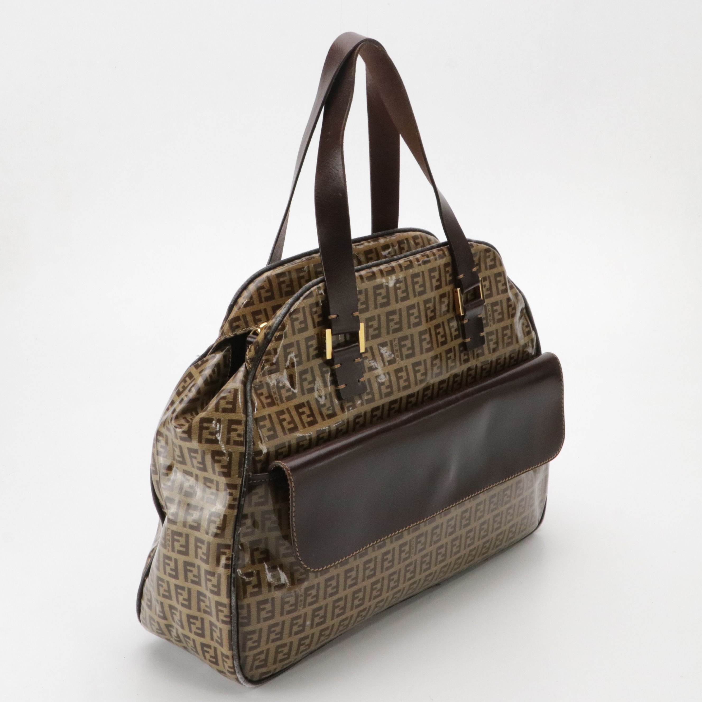 Fendi Front Pocket Bowler Handbag in Brown Zucchino Vinyl and Brown Leather Trim