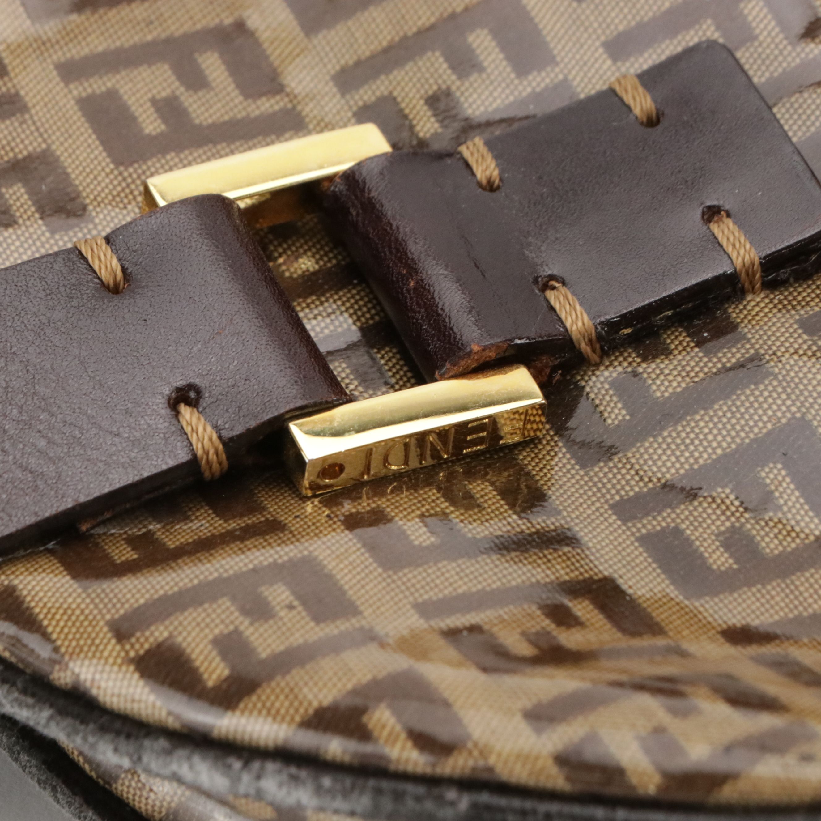 Fendi Front Pocket Bowler Handbag in Brown Zucchino Vinyl and Brown Leather Trim