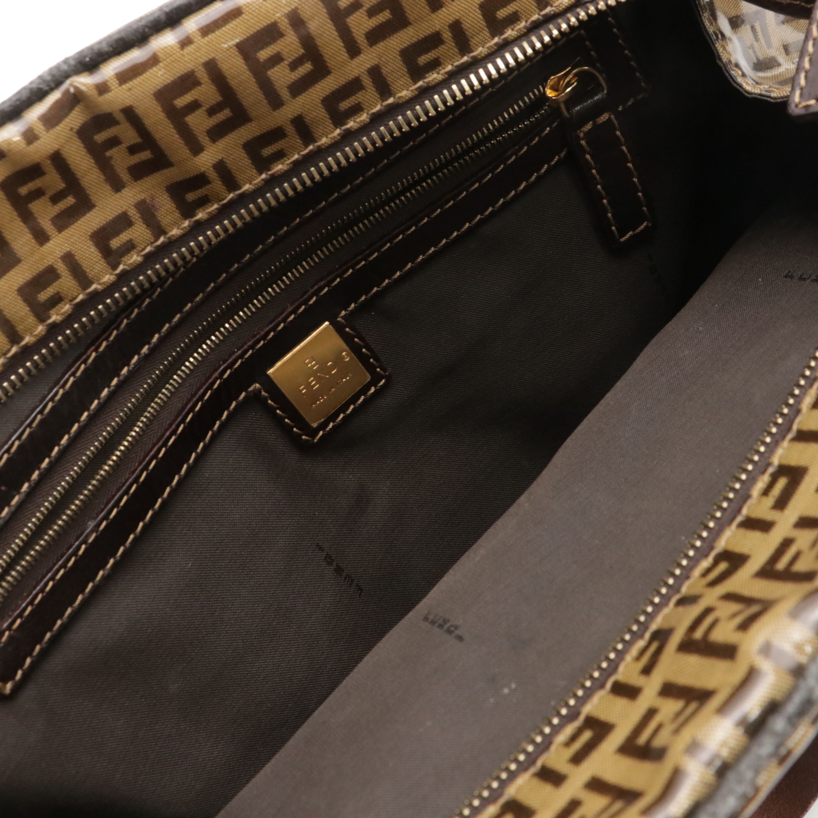 Fendi Front Pocket Bowler Handbag in Brown Zucchino Vinyl and Brown Leather Trim