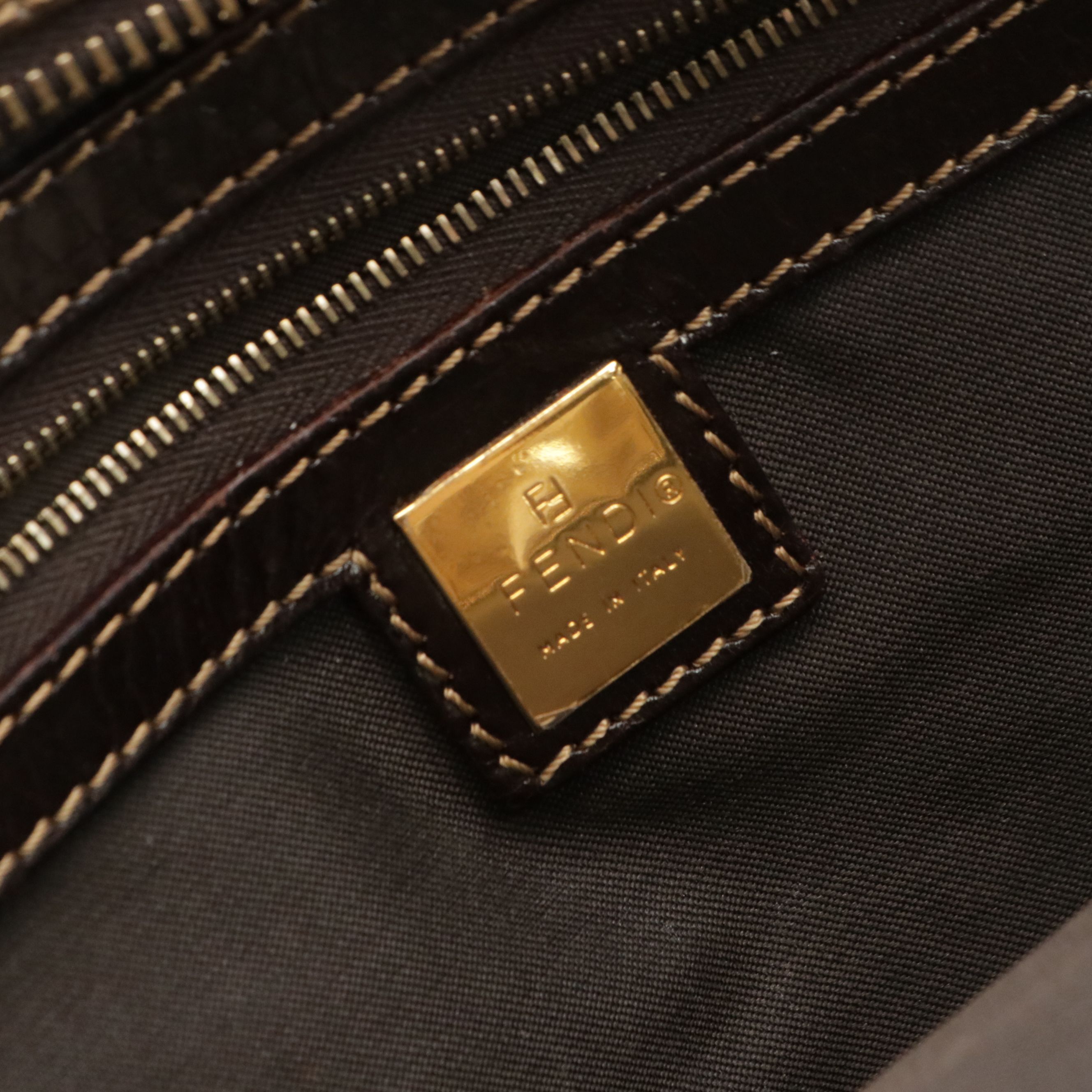 Fendi Front Pocket Bowler Handbag in Brown Zucchino Vinyl and Brown Leather Trim