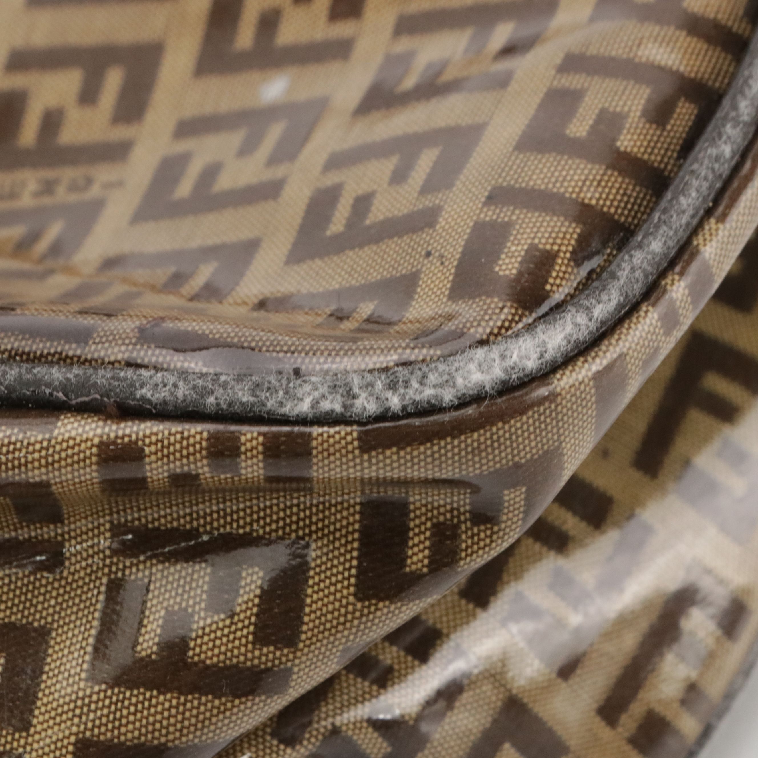 Fendi Front Pocket Bowler Handbag in Brown Zucchino Vinyl and Brown Leather Trim