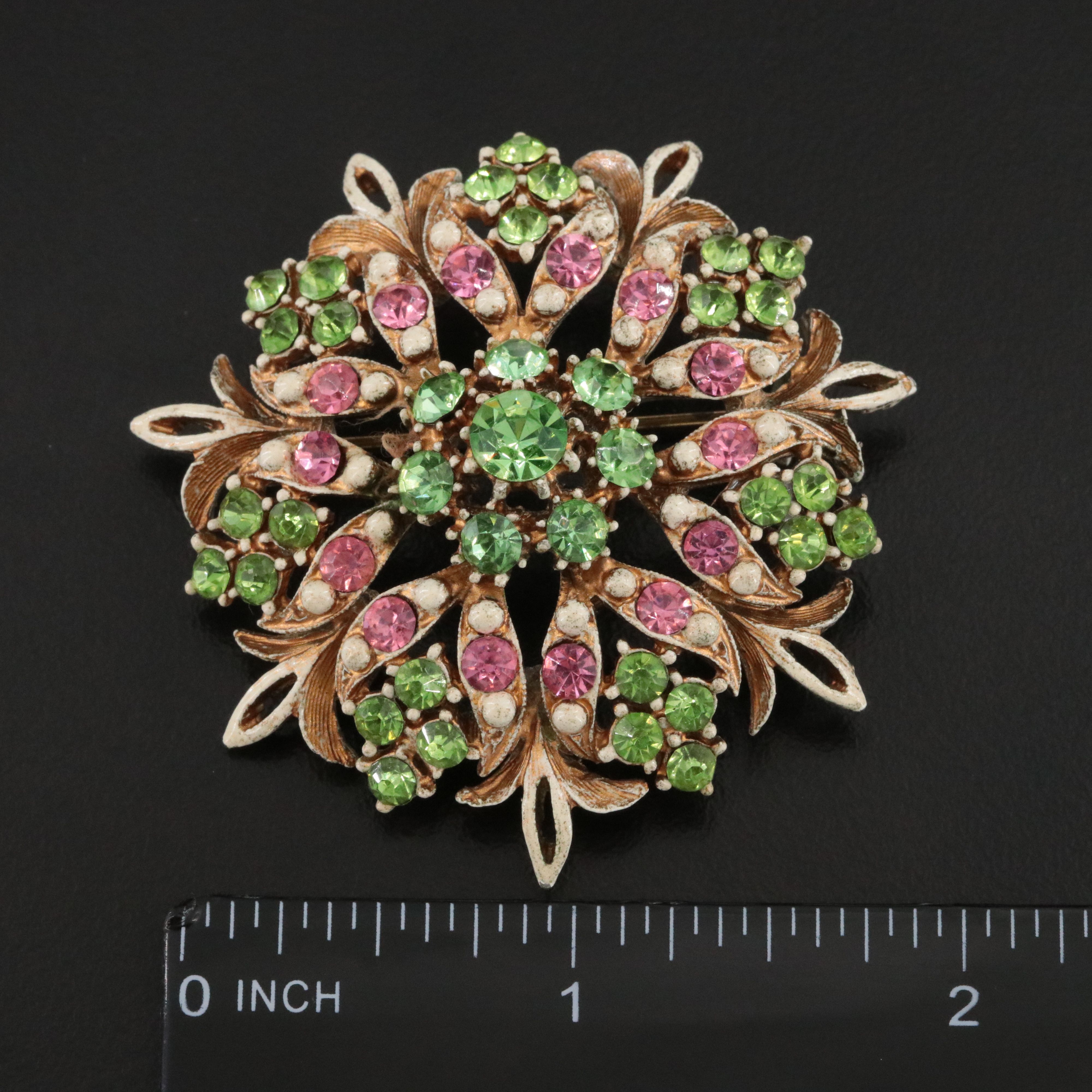 Weiss Pink and Green Enamel and Rhinestone Floral Brooch