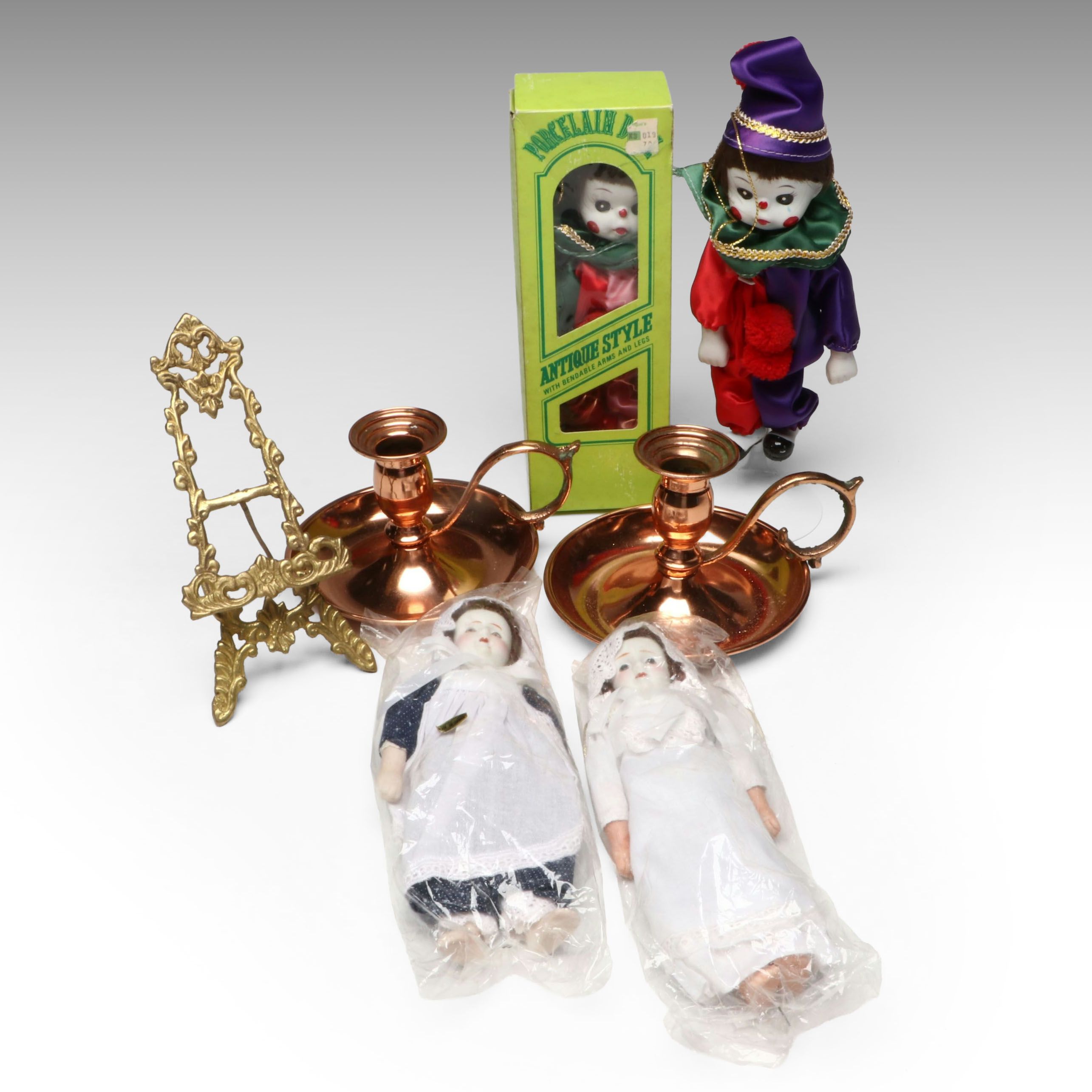 Antique Style Porcelain Doll Ornaments with Chambersticks and Tabletop Easel