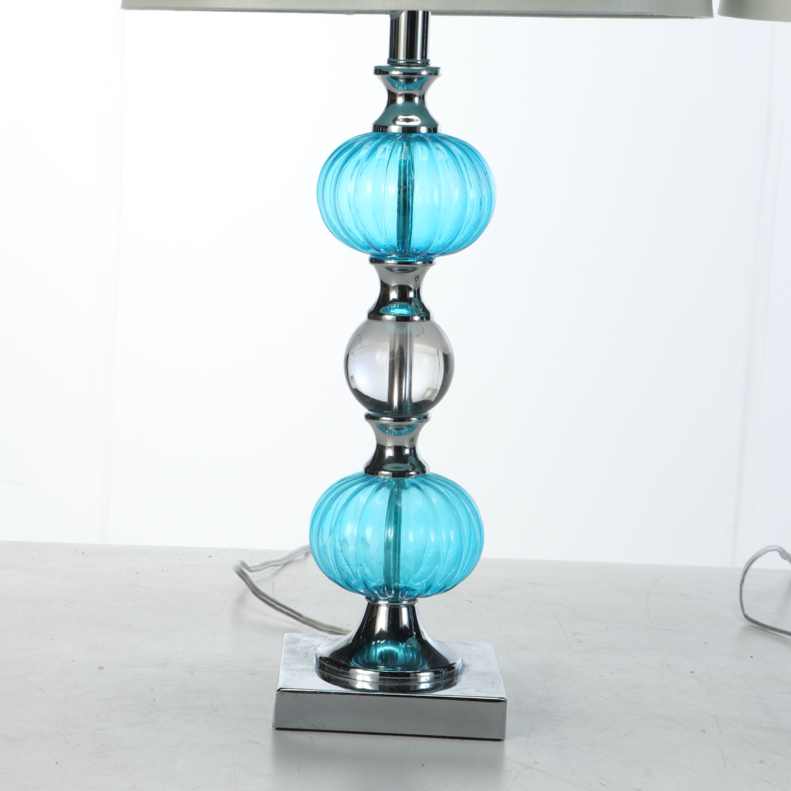 Blue Bubble Glass and Chrome Table Lamp Pair