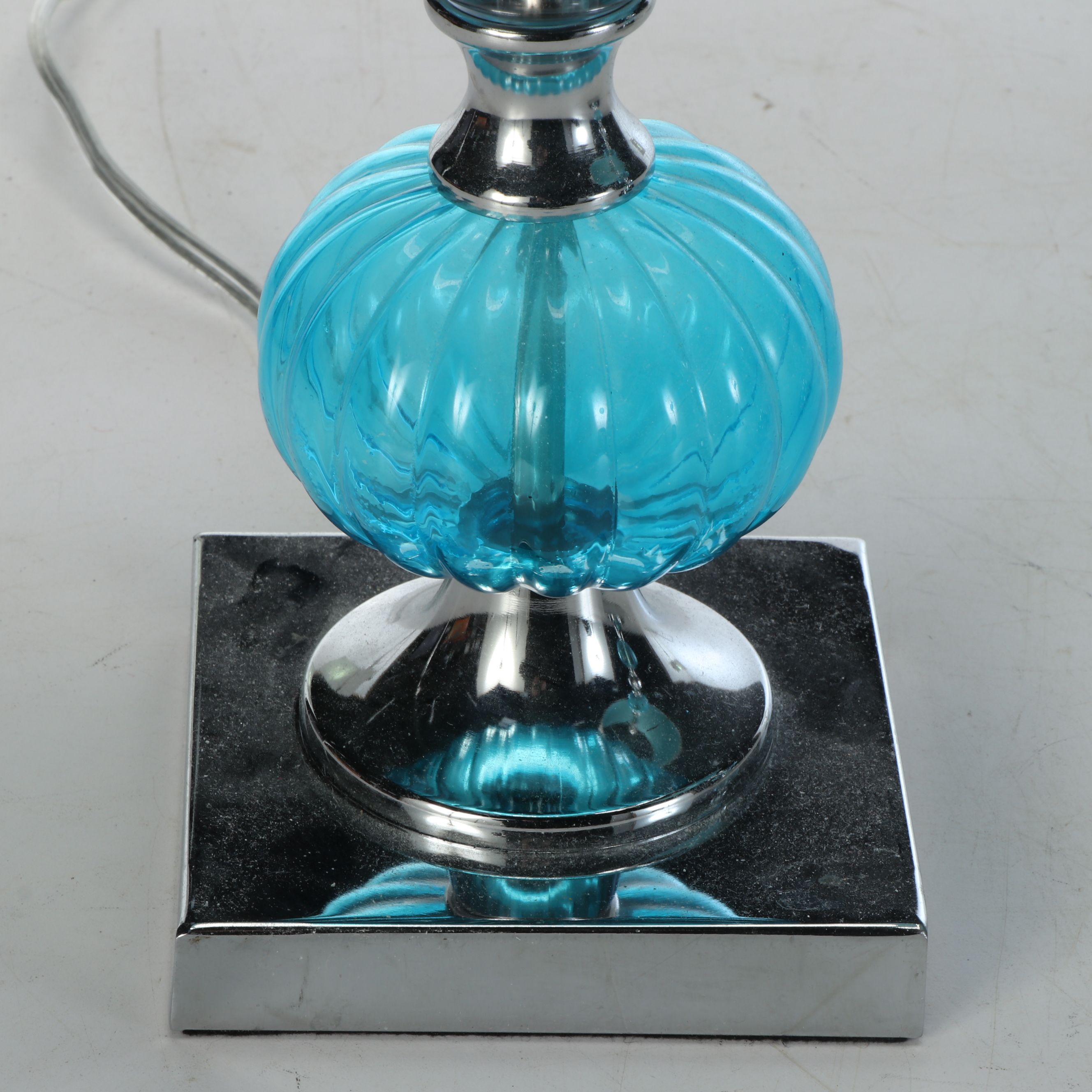 Blue Bubble Glass and Chrome Table Lamp Pair