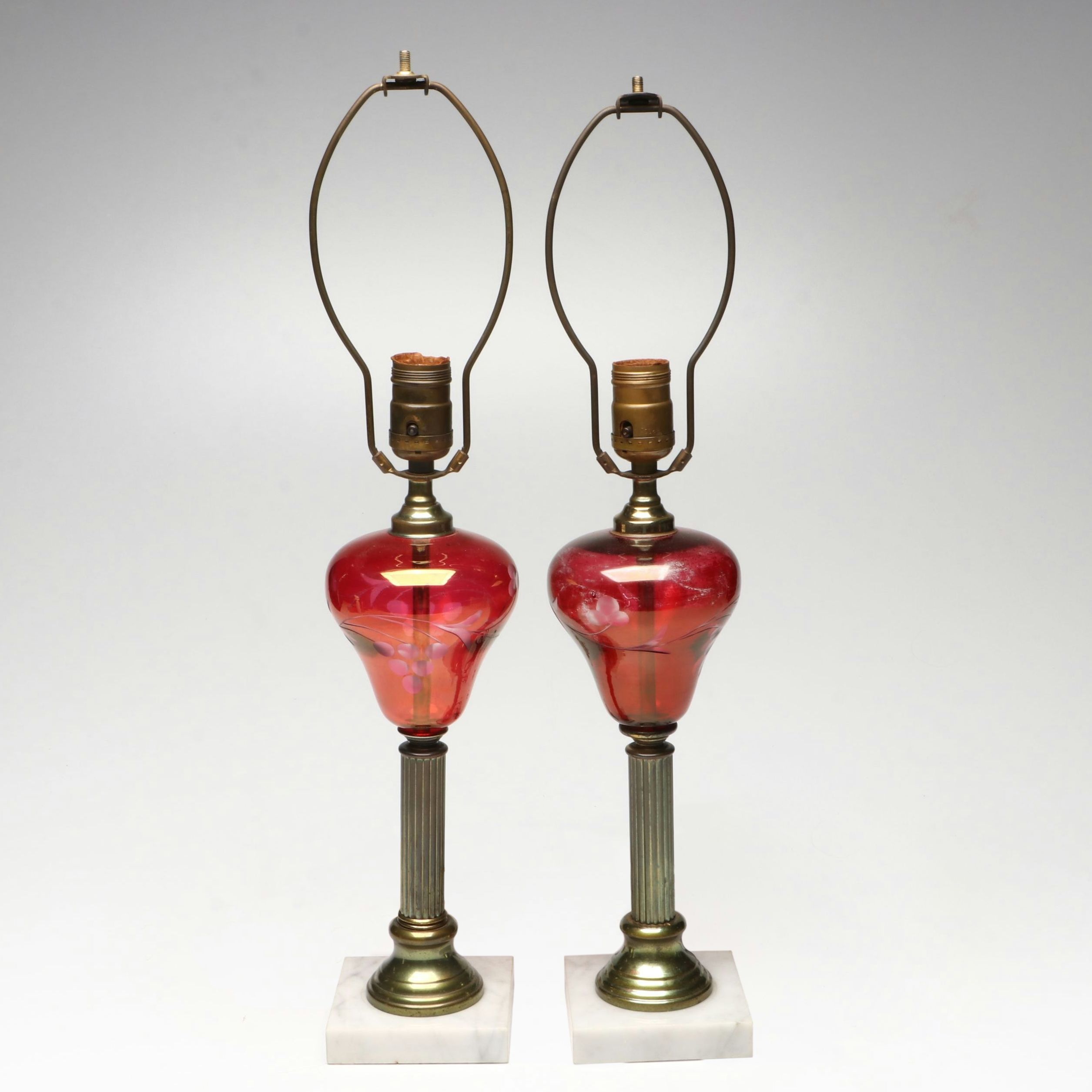 Bohemian Style Cranberry Cut to Clear Glass Oil Lamps, Adapted Mid-20th C.