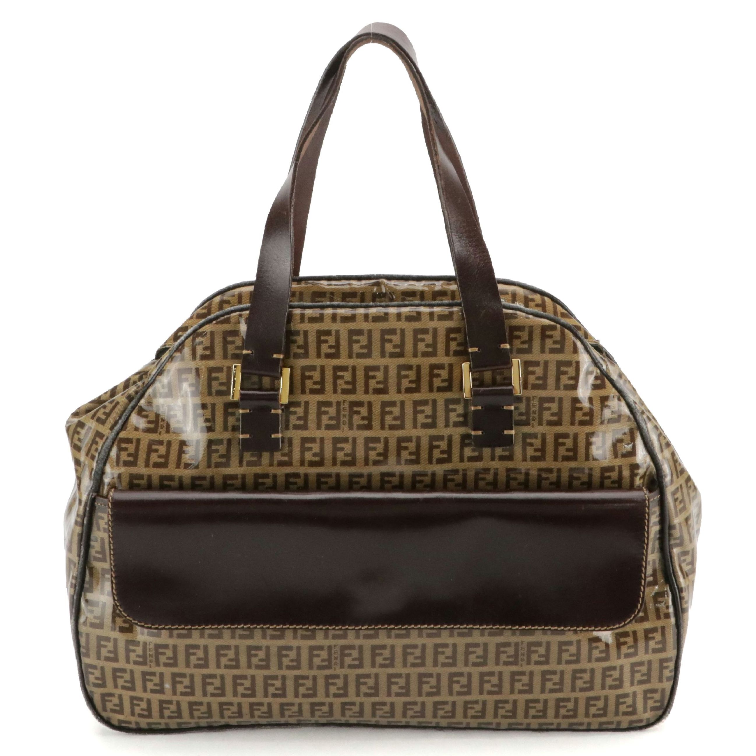 Fendi Front Pocket Bowler Handbag in Brown Zucchino Vinyl and Brown Leather Trim