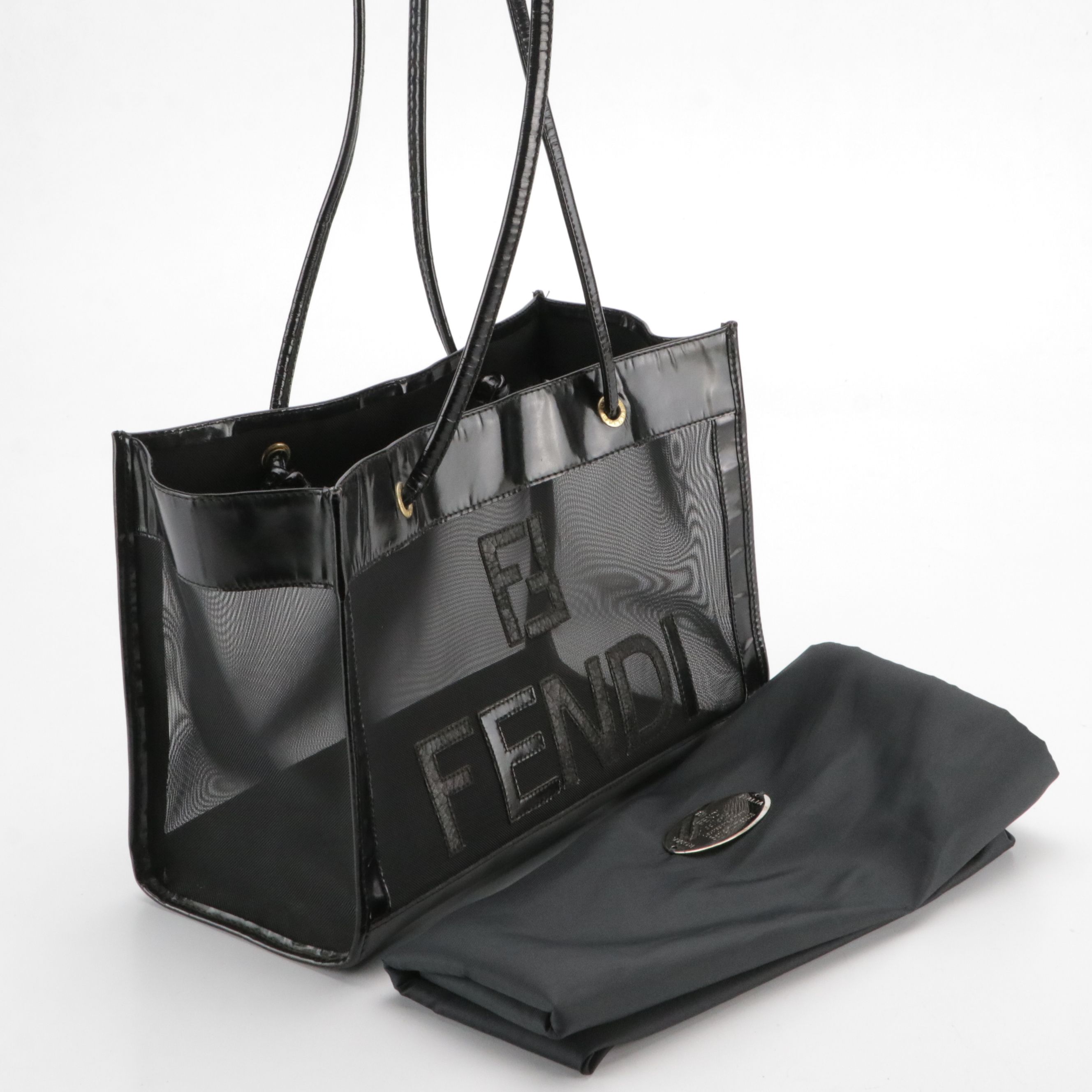 Fendi Black Mesh Shopper Tote Bag with Shiny Leather Trim