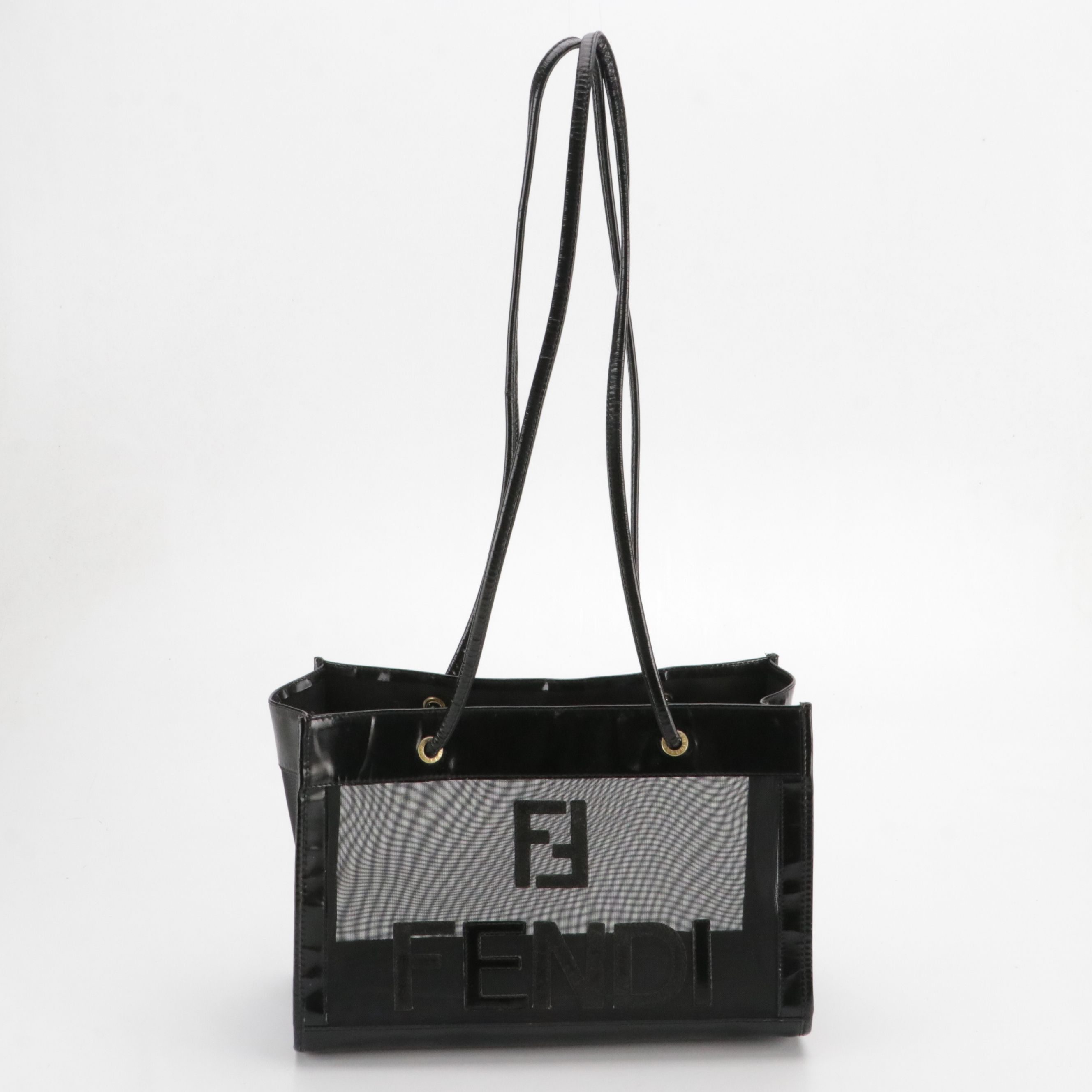 Fendi Black Mesh Shopper Tote Bag with Shiny Leather Trim