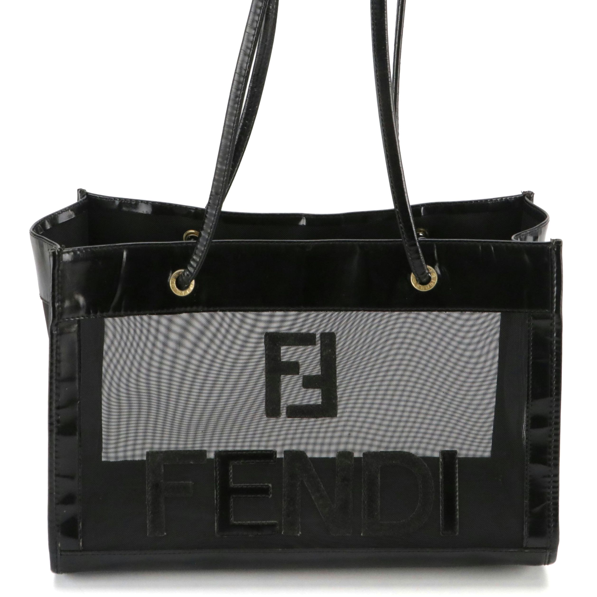 Fendi Black Mesh Shopper Tote Bag with Shiny Leather Trim