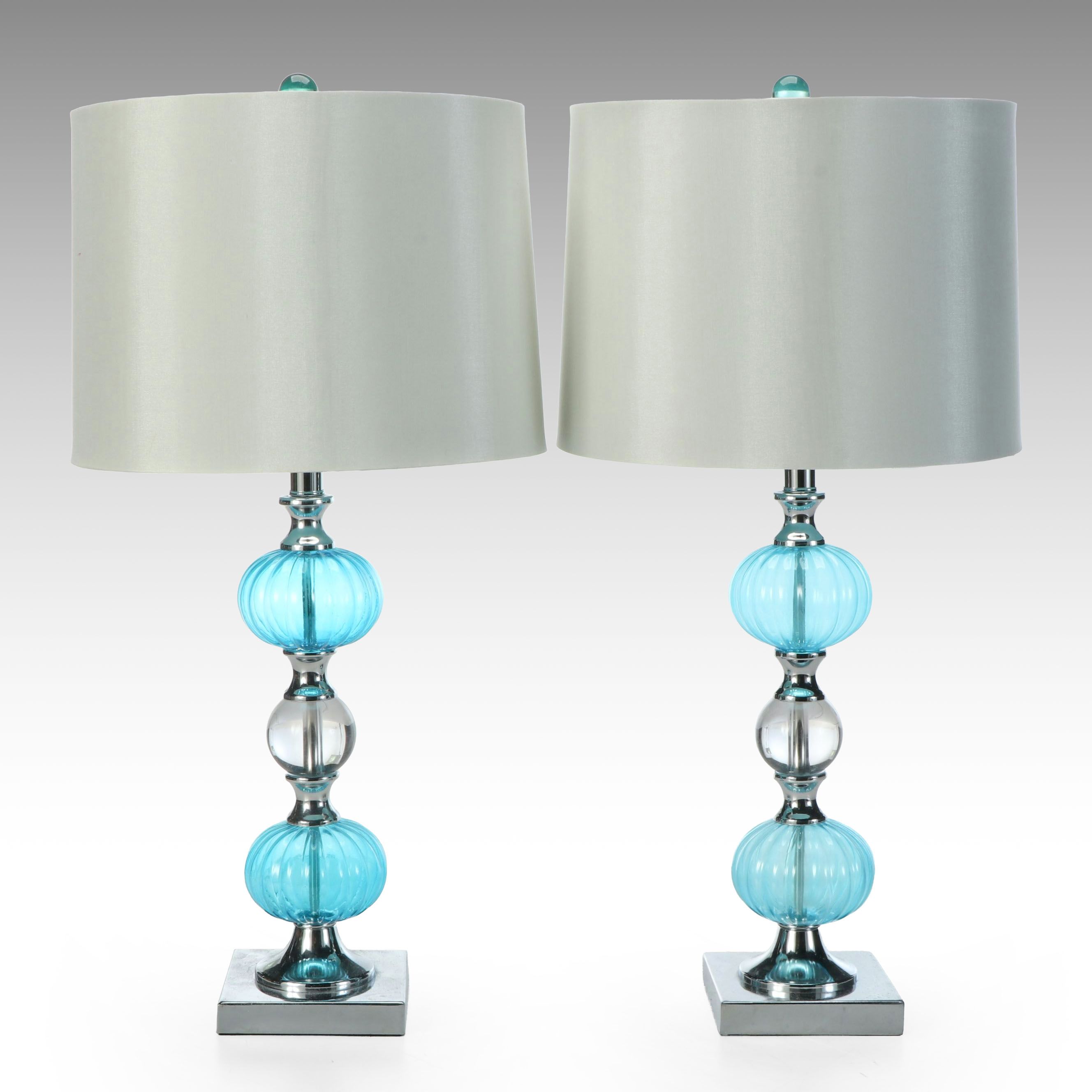 Blue Bubble Glass and Chrome Table Lamp Pair