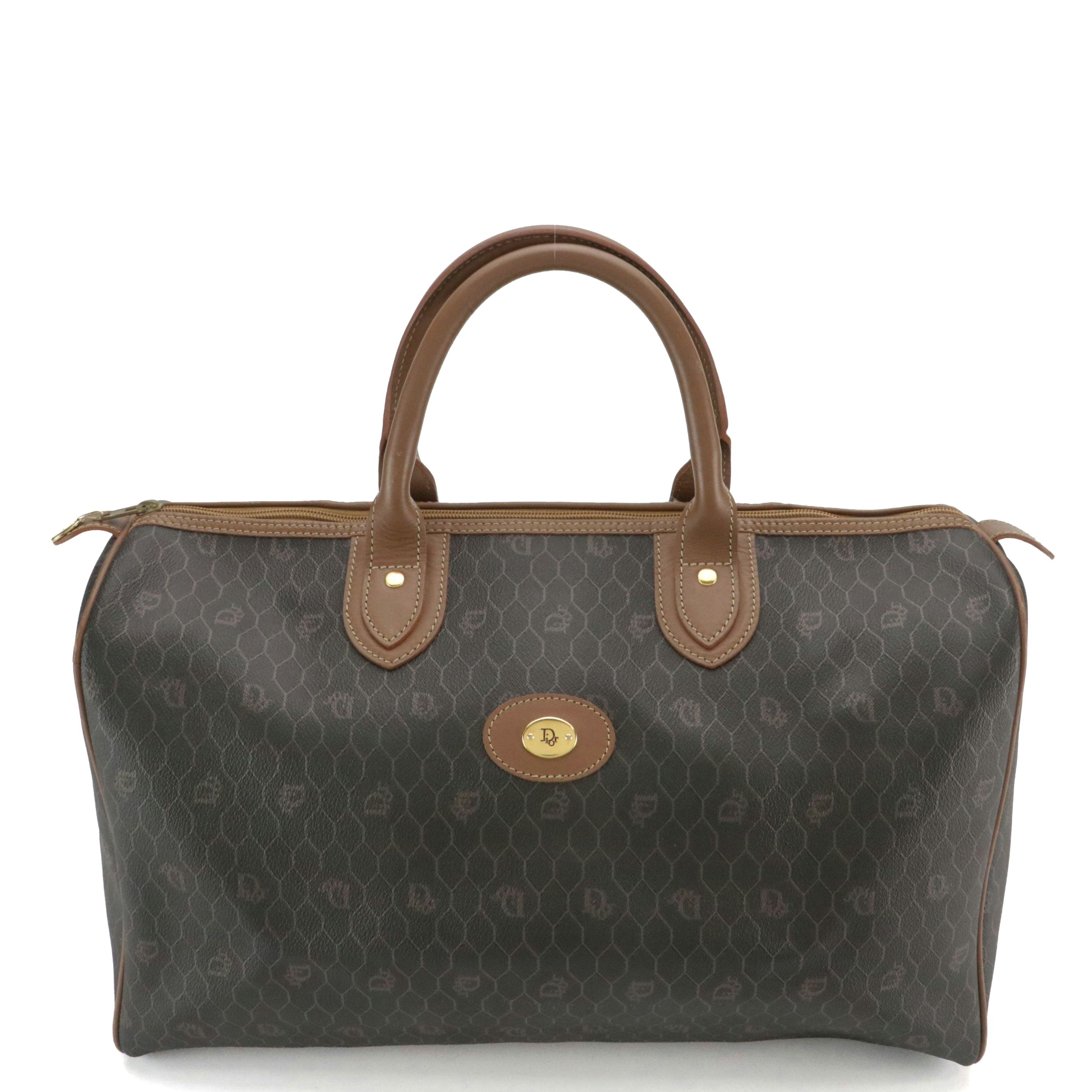 Christian Dior Small Duffle Bag in Honeycomb Canvas and Brown Leather