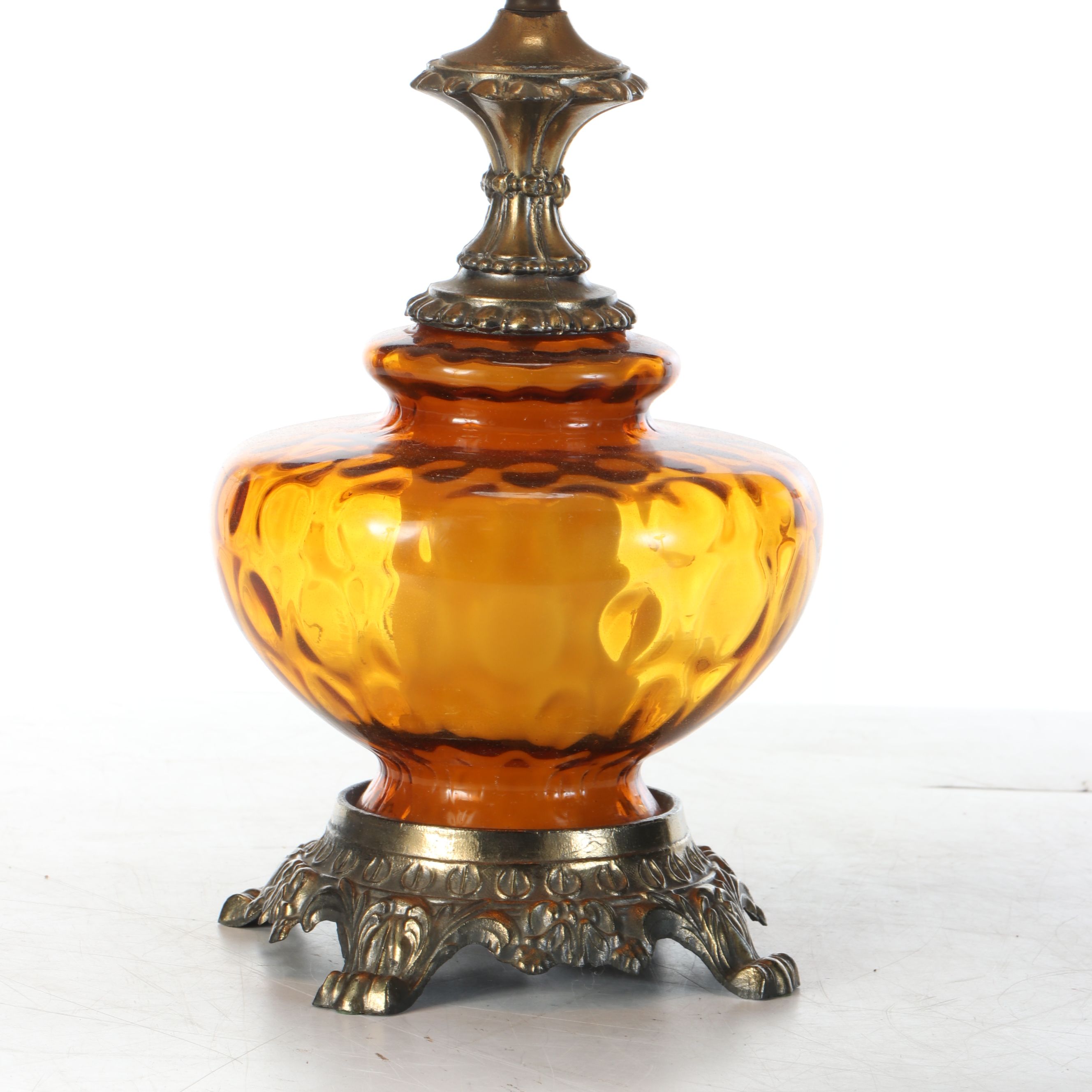 Falkenstein Style Amber Glass and Cast Metal Table Lamp with Brocade Bell Shade