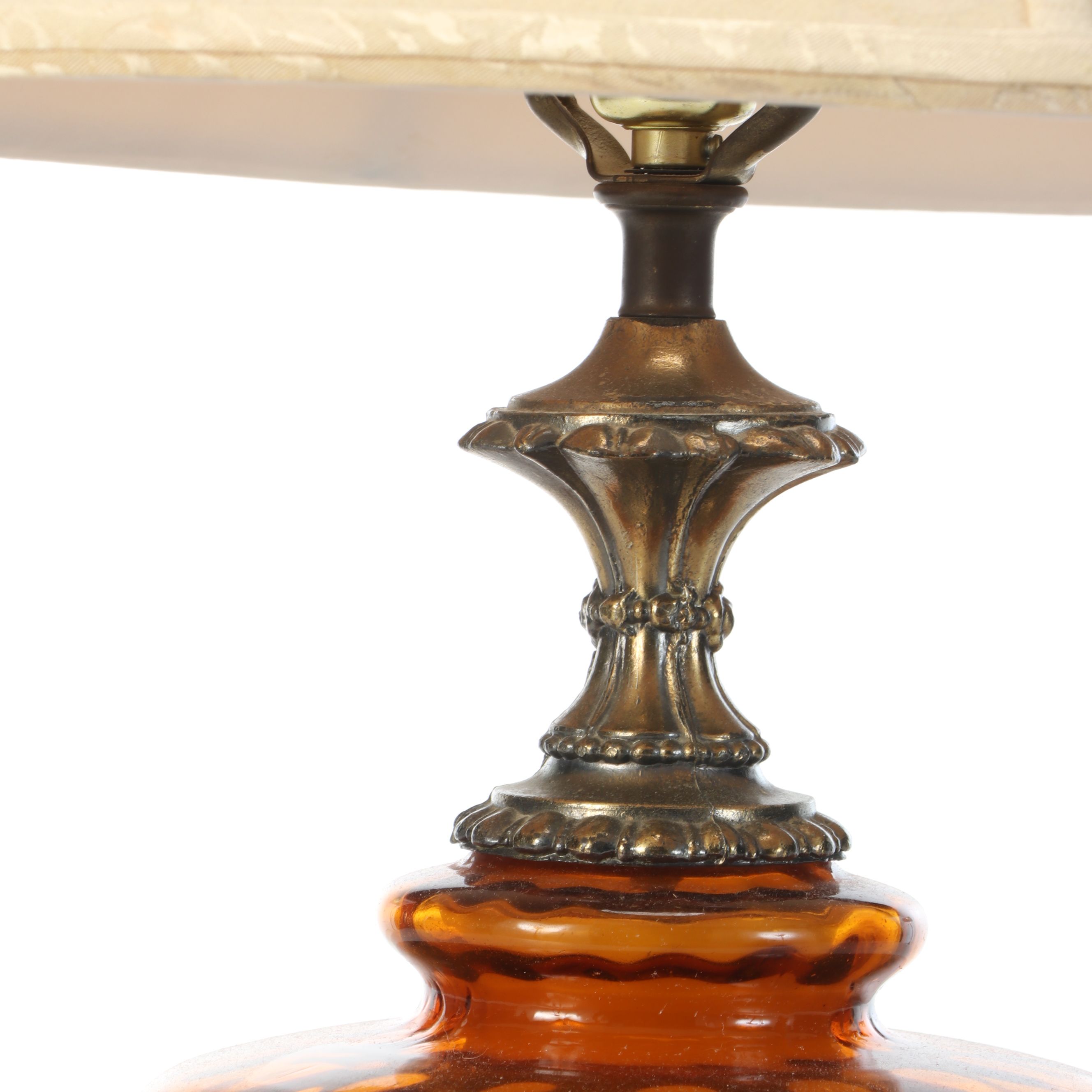 Falkenstein Style Amber Glass and Cast Metal Table Lamp with Brocade Bell Shade