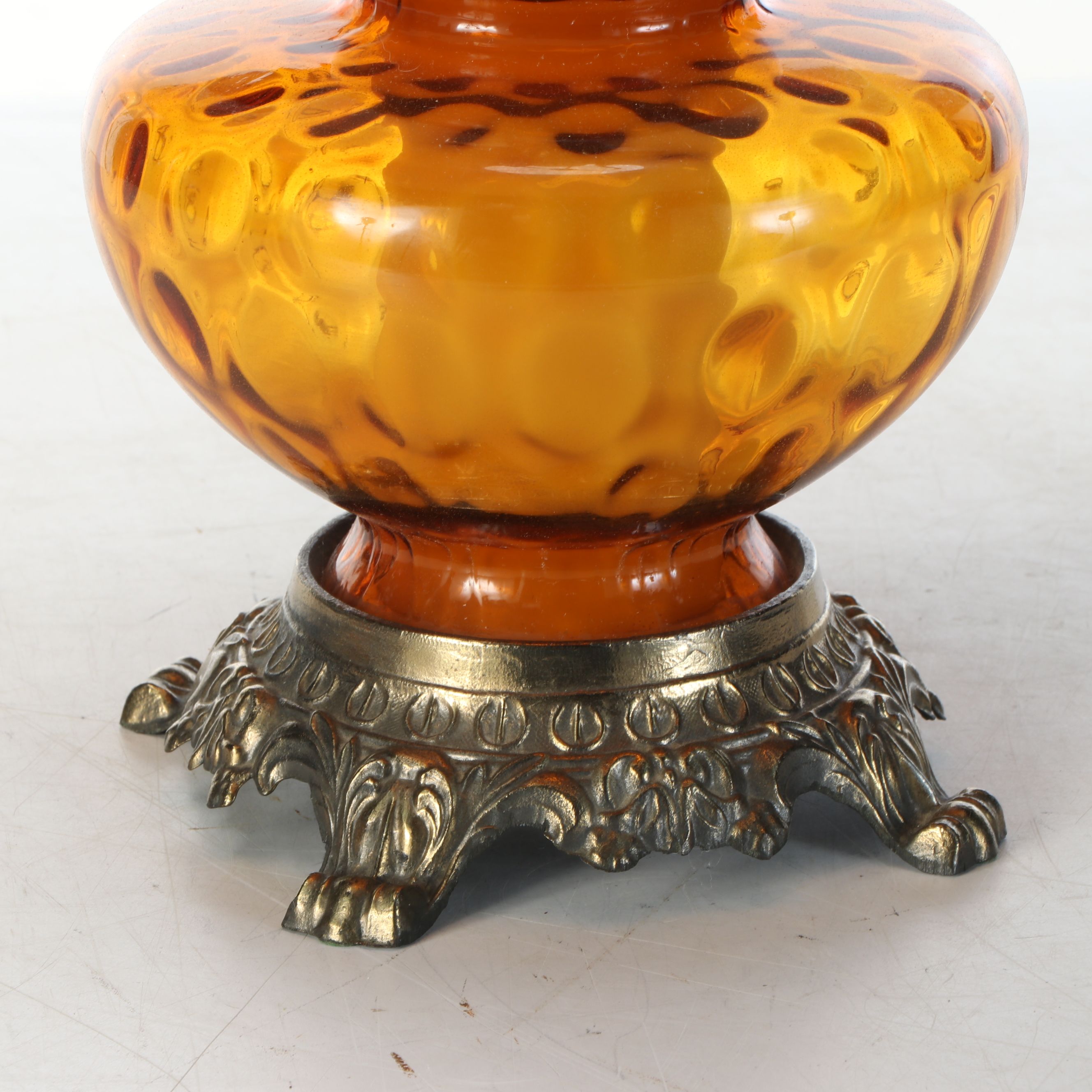 Falkenstein Style Amber Glass and Cast Metal Table Lamp with Brocade Bell Shade