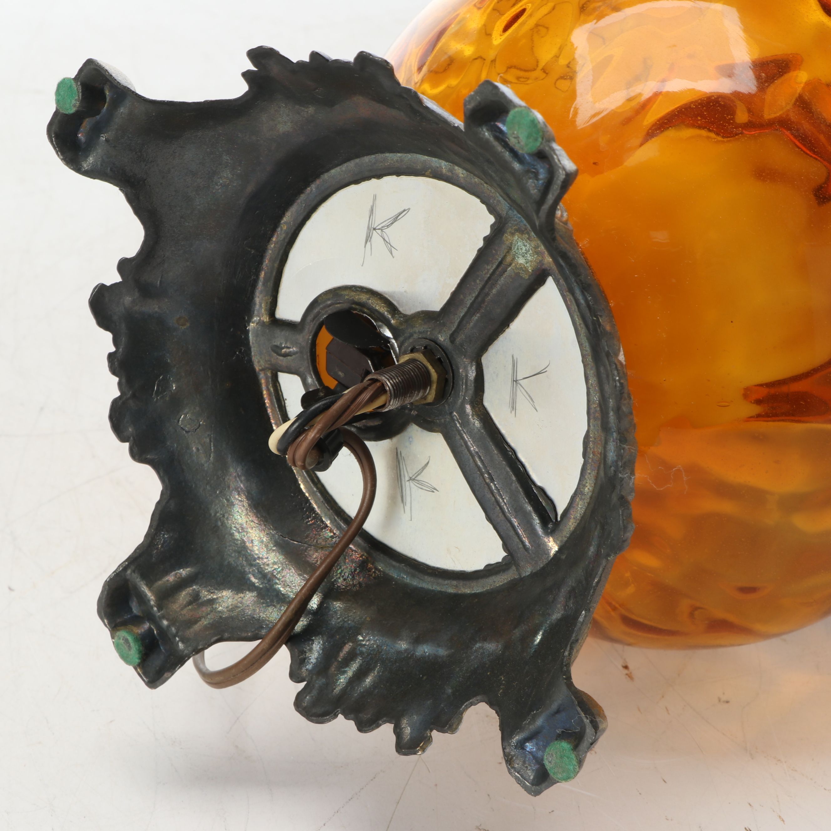 Falkenstein Style Amber Glass and Cast Metal Table Lamp with Brocade Bell Shade