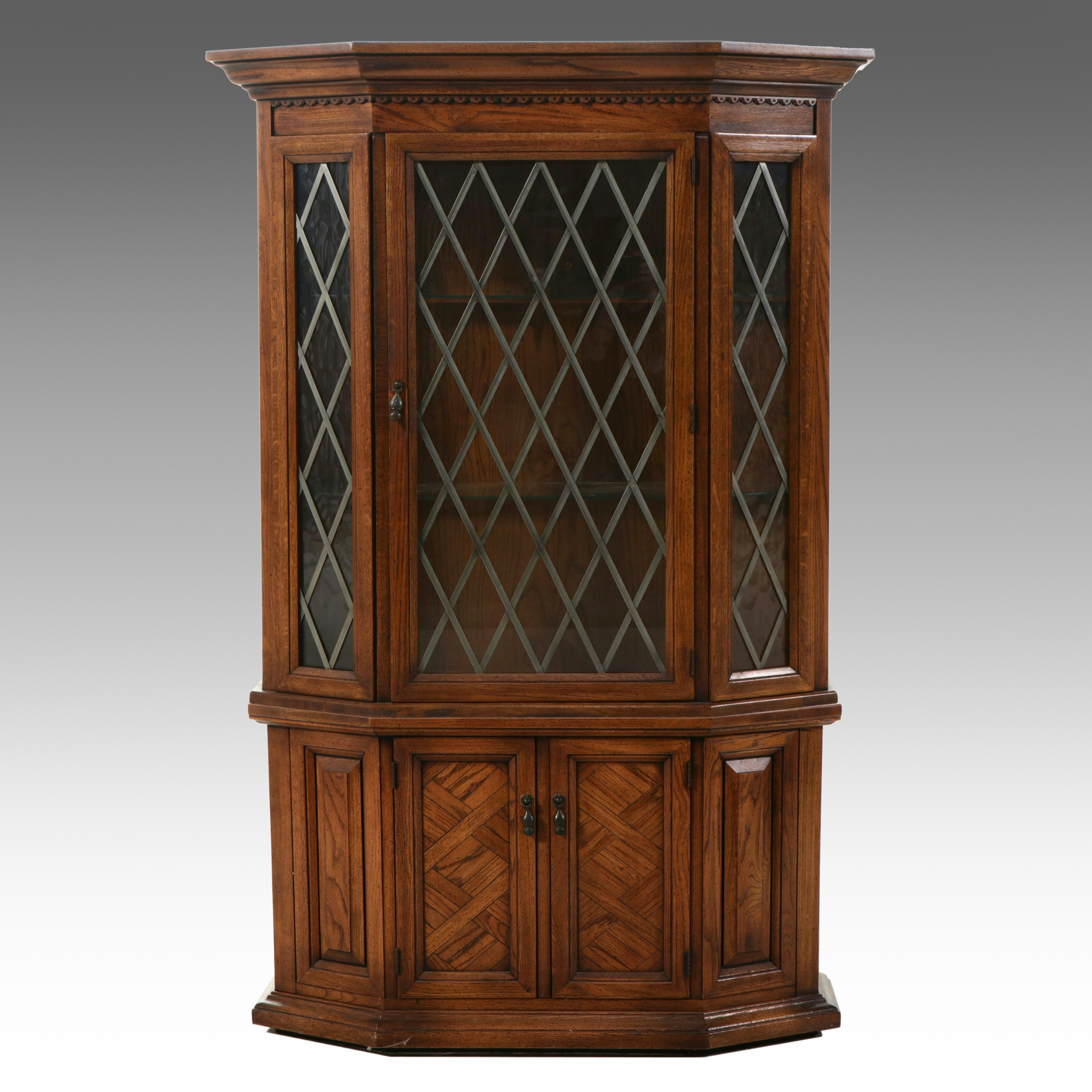 Tudor Revival Style Oak China Cabinet with Leaded Glass, Late 20th Century