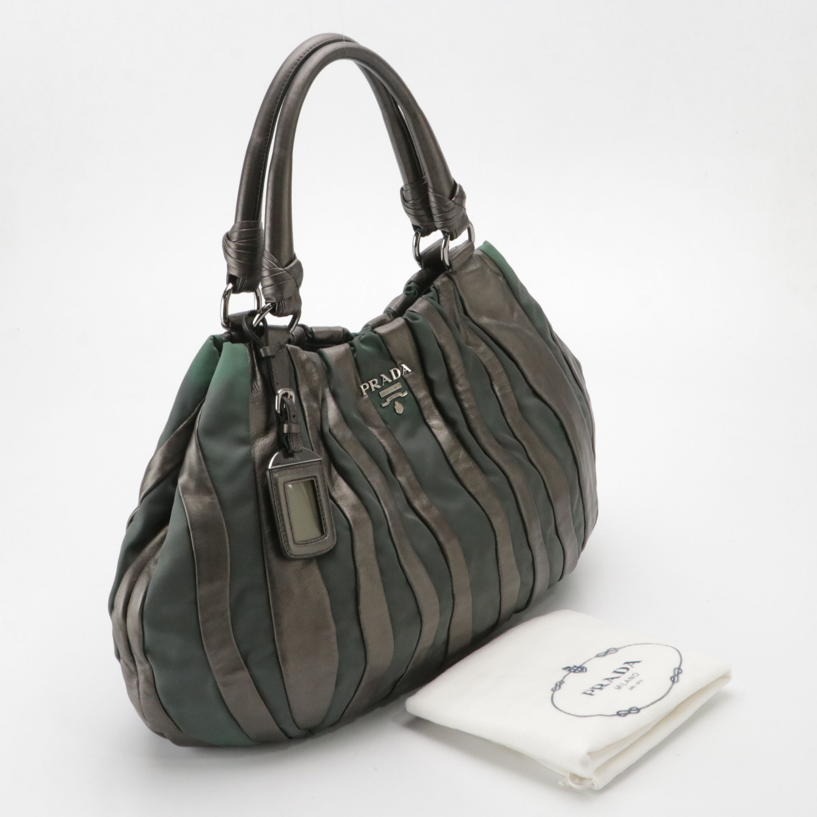 Prada Handbag in Tessuto Nylon and Mordore Stripes Metallic Nappa Leather