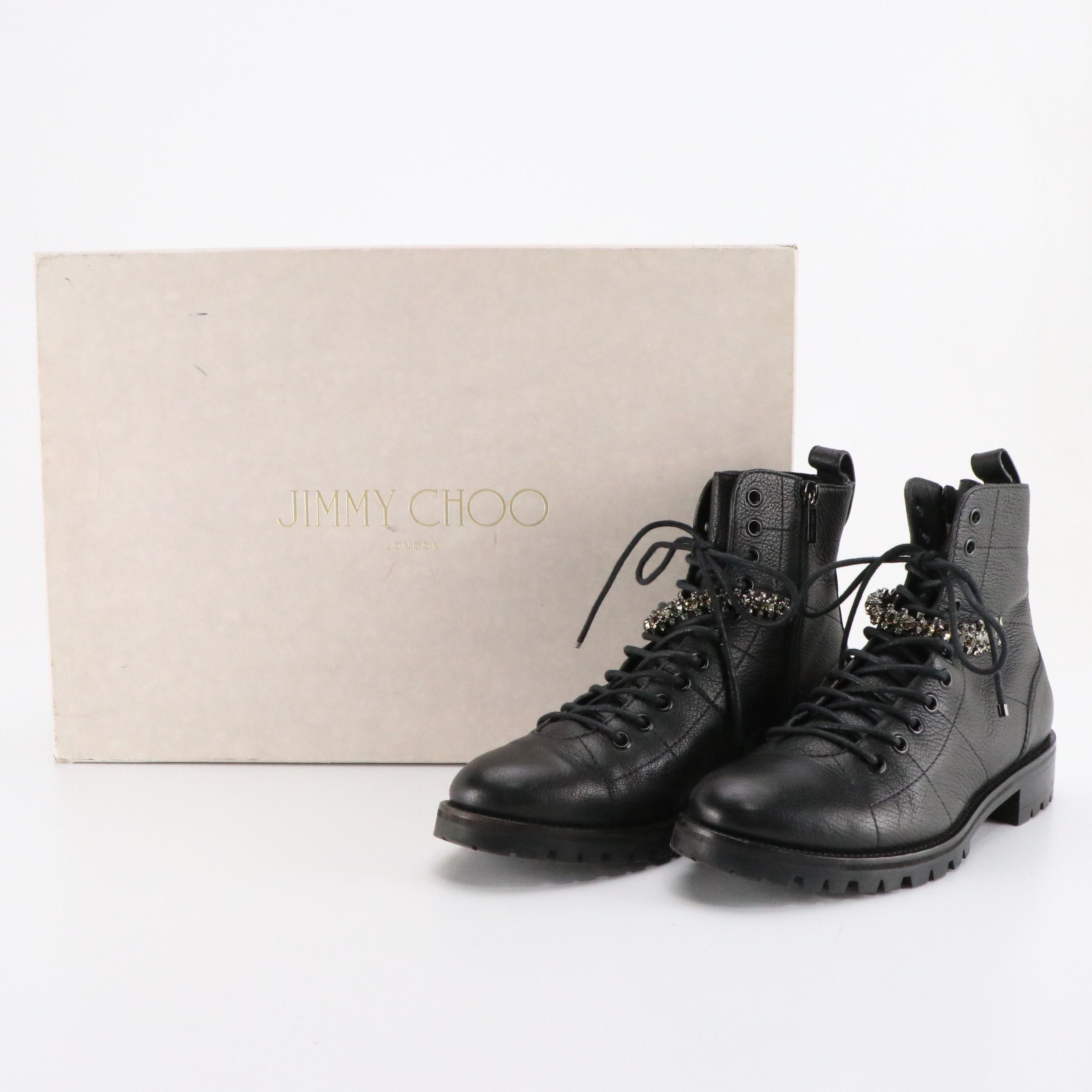 Jimmy Choo Cruz Crystal Strap Combat Boots in Leather with Box