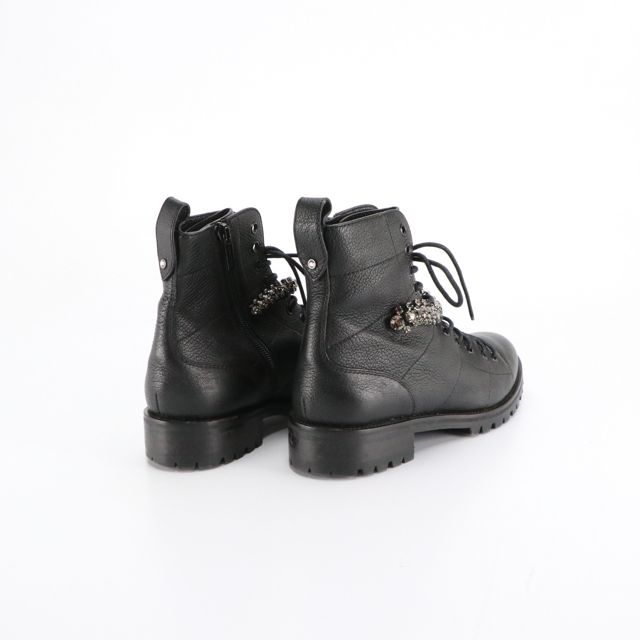 Jimmy Choo Cruz Crystal Strap Combat Boots in Leather with Box