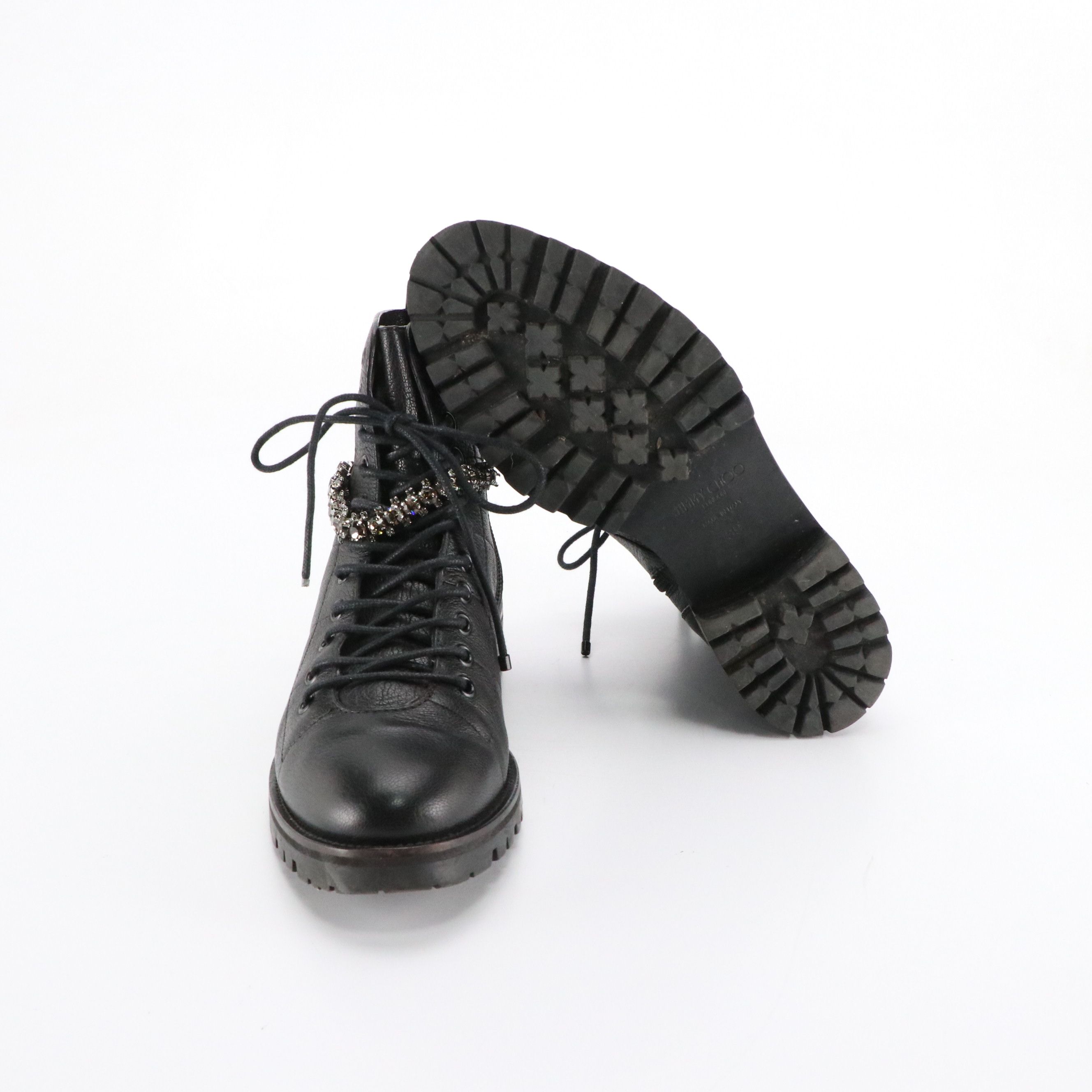 Jimmy Choo Cruz Crystal Strap Combat Boots in Leather with Box