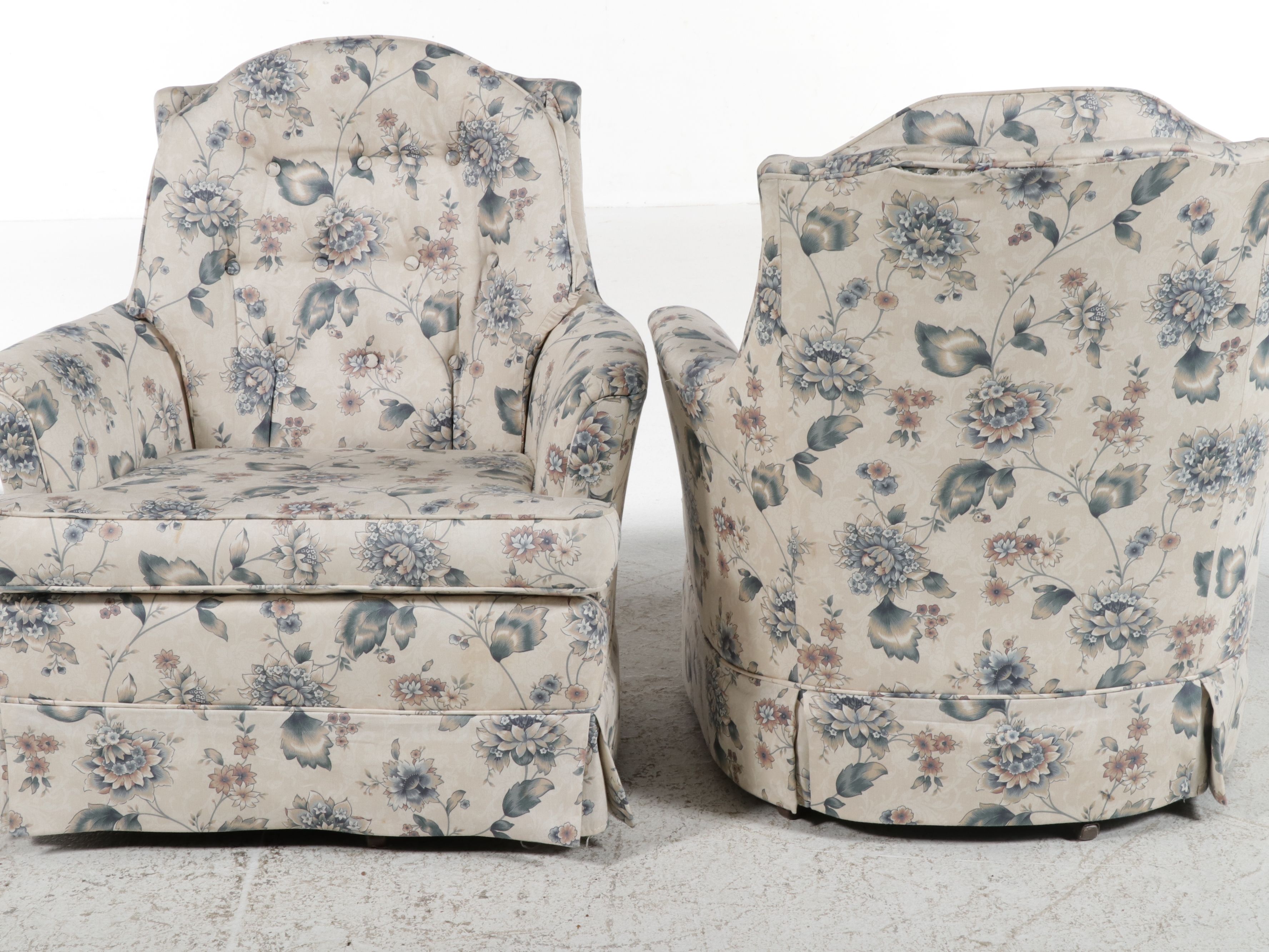 Pair of Floral Upholstered Swivel Rocking Armchairs, Late 20th Century