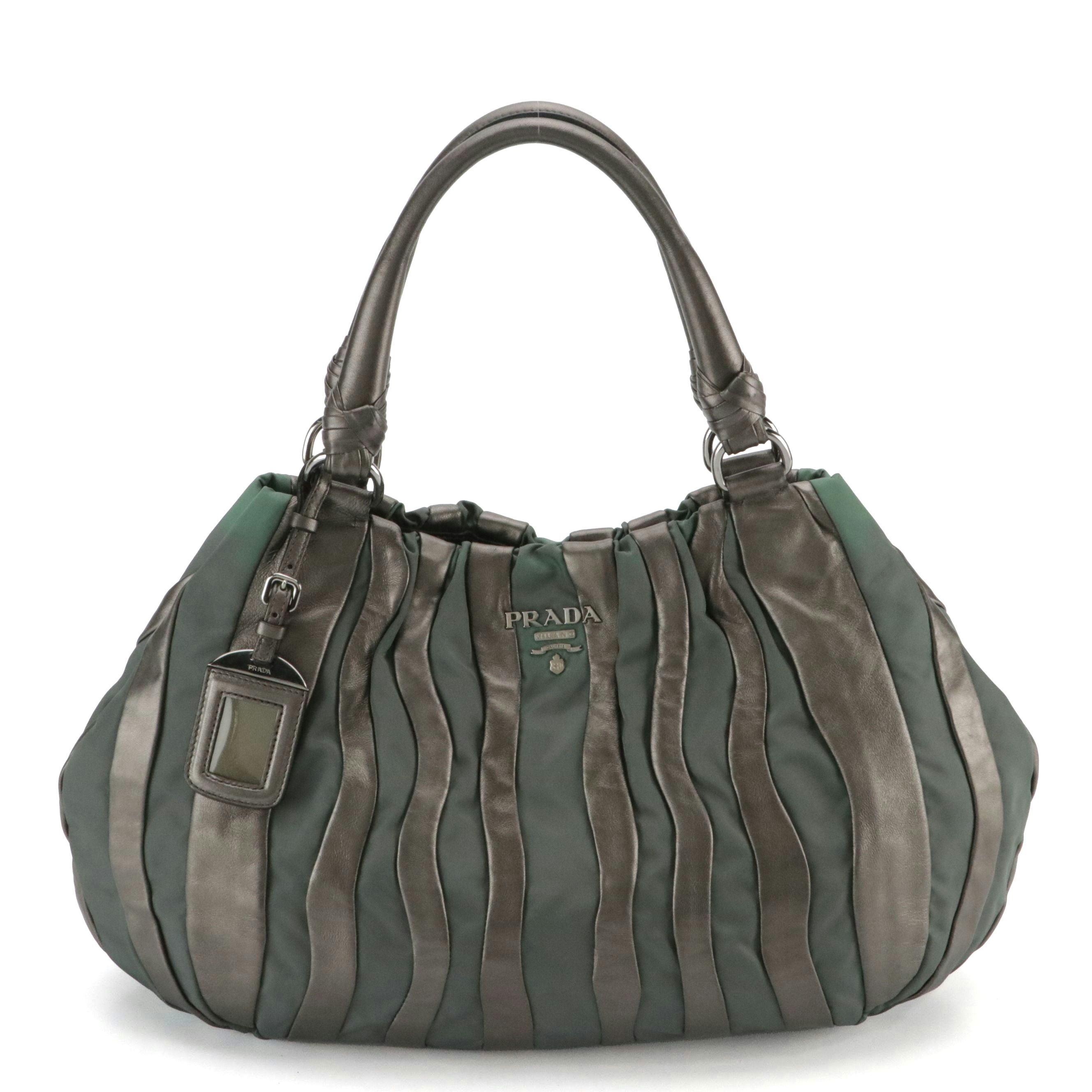 Prada Handbag in Tessuto Nylon and Mordore Stripes Metallic Nappa Leather
